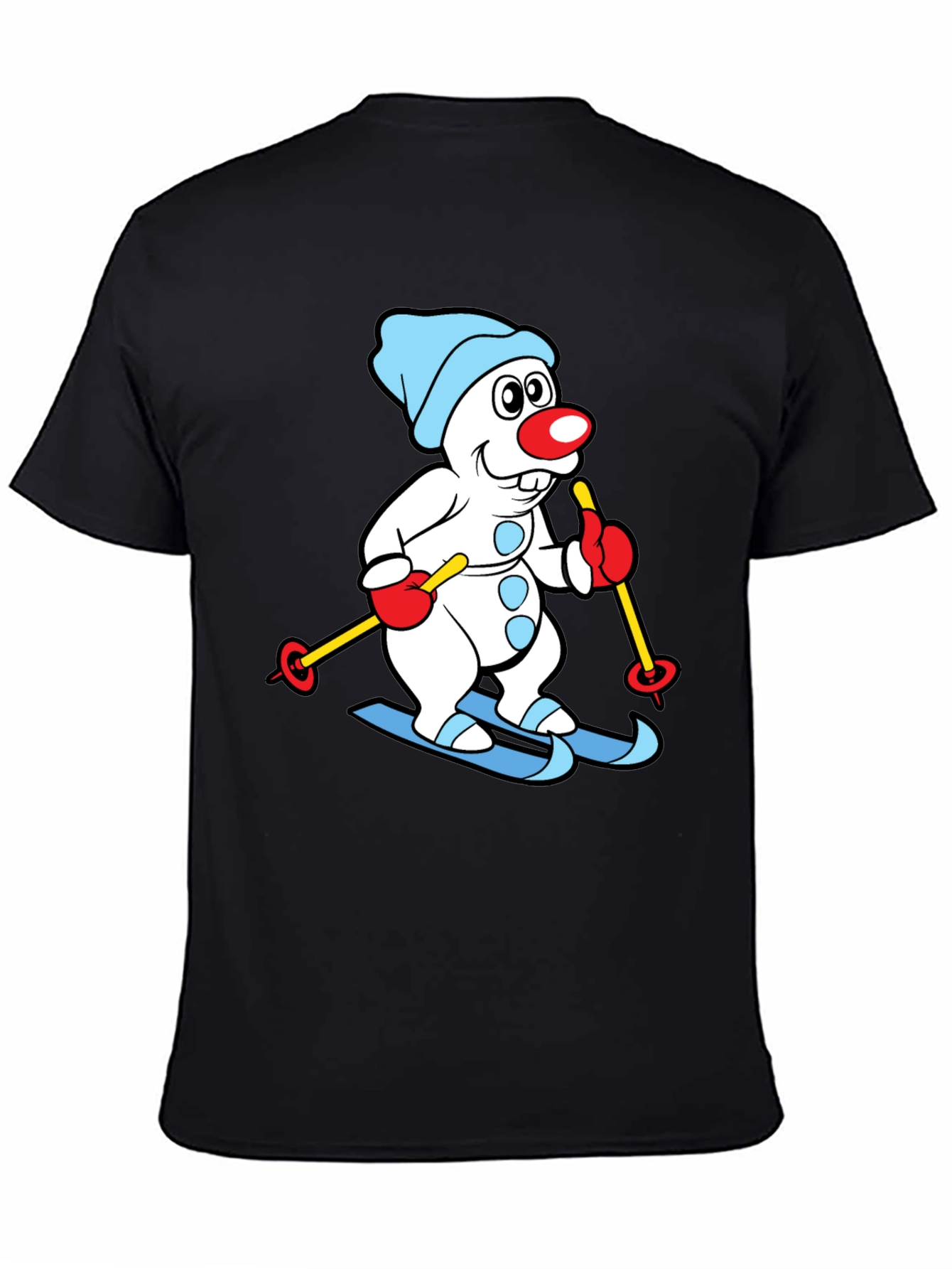 Skiing Snowman Graphic Tee - Black Cotton Blend Shirt