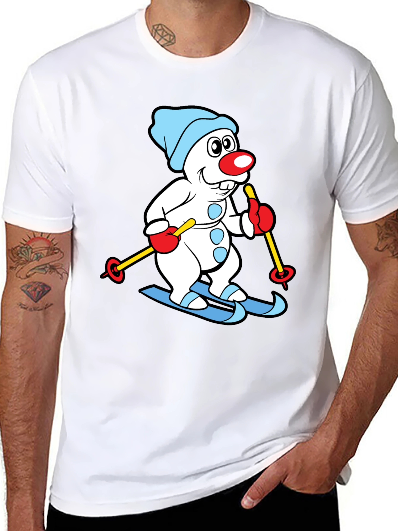 Skiing Snowman Graphic Tee - Black Cotton Blend Shirt