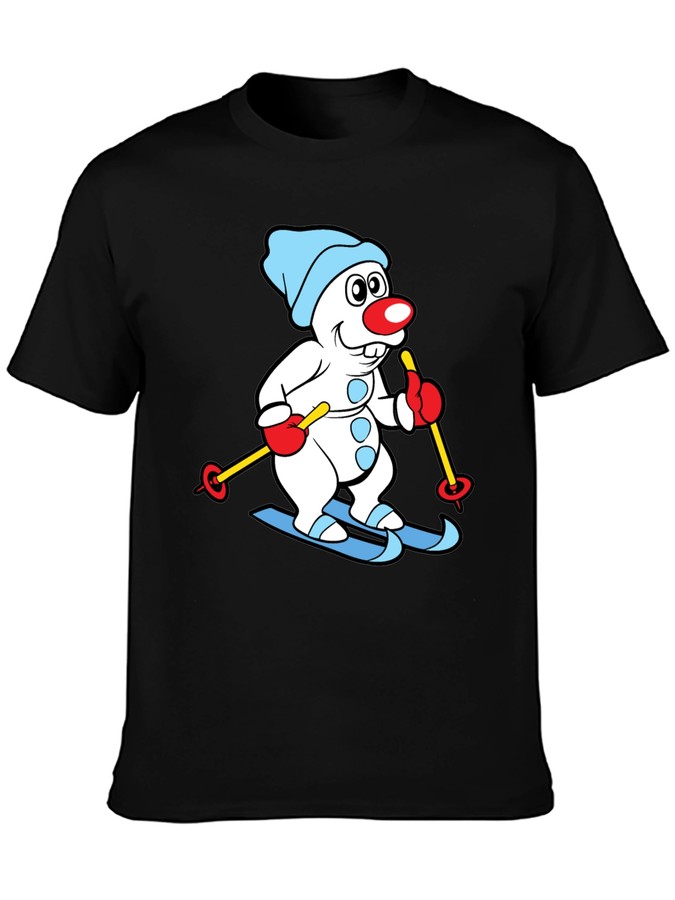 Skiing Snowman Graphic Tee - Black Cotton Blend Shirt