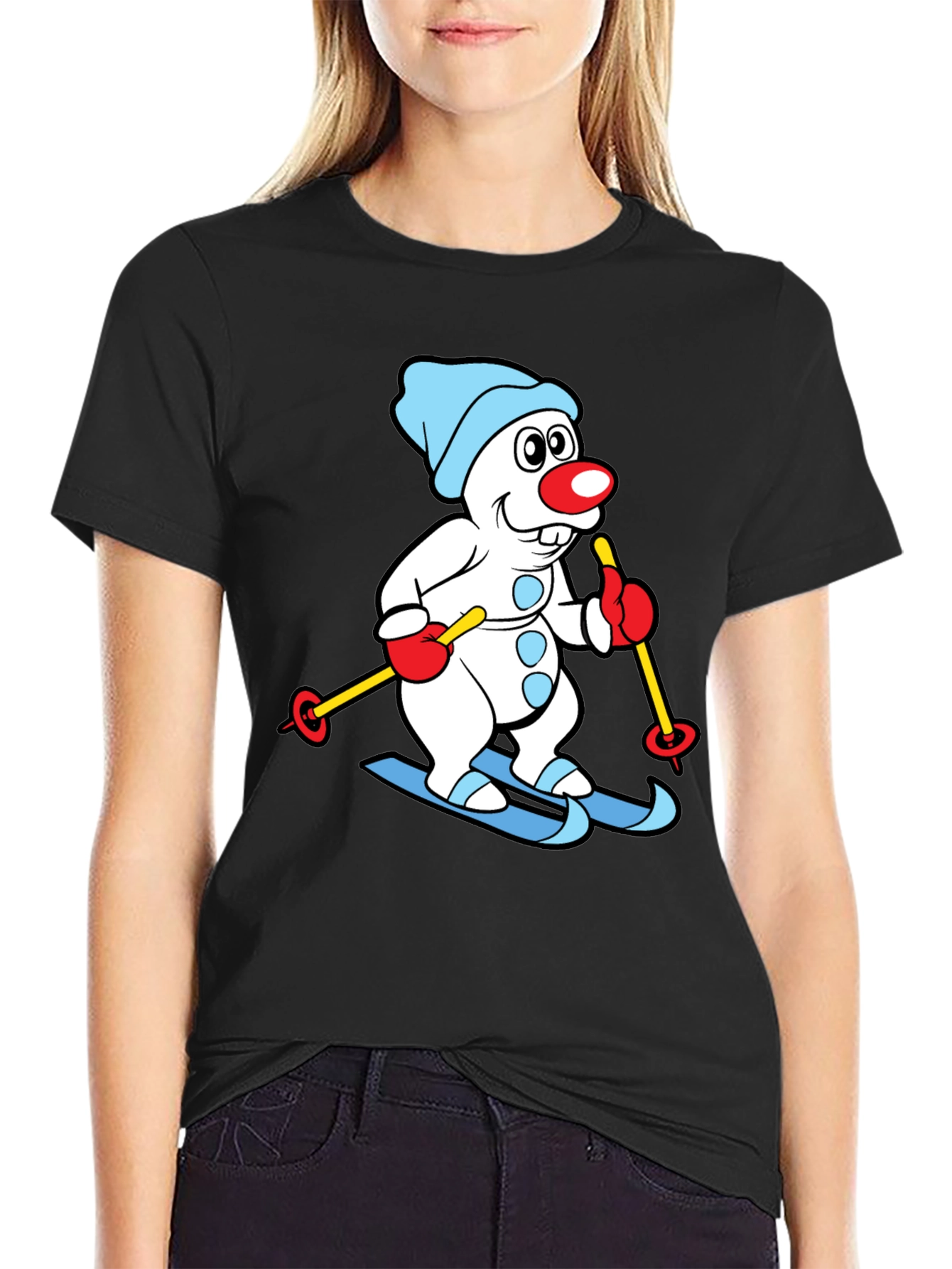 Skiing Snowman Graphic Tee - Black Cotton Blend Shirt