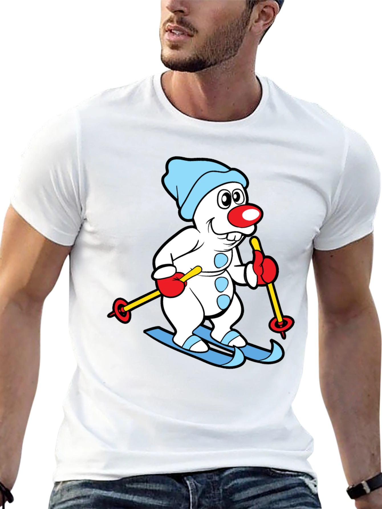 Skiing Snowman Graphic Tee - Black Cotton Blend Shirt