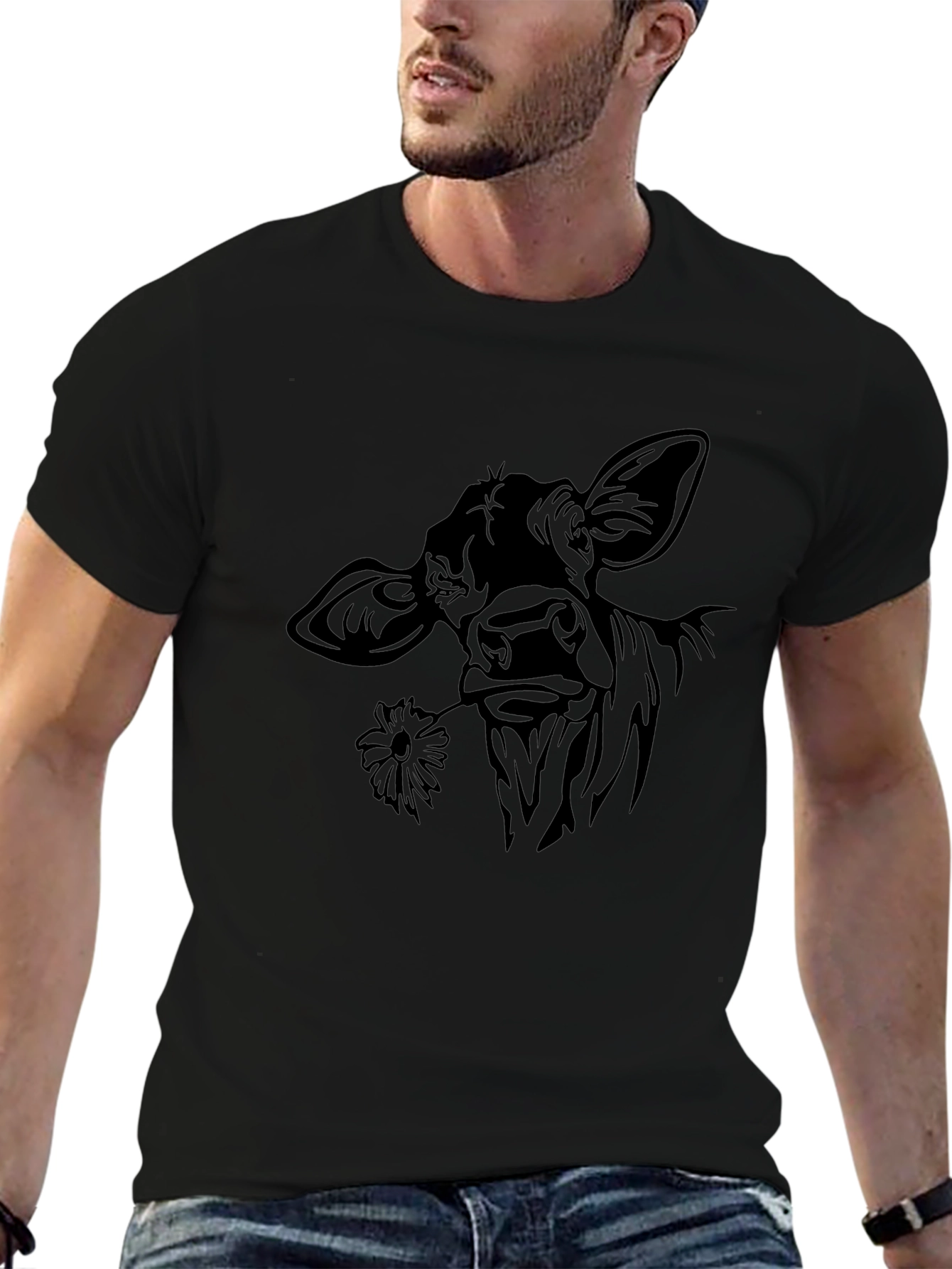 Cow with Flower T-Shirt - Black Crew Neck Tee