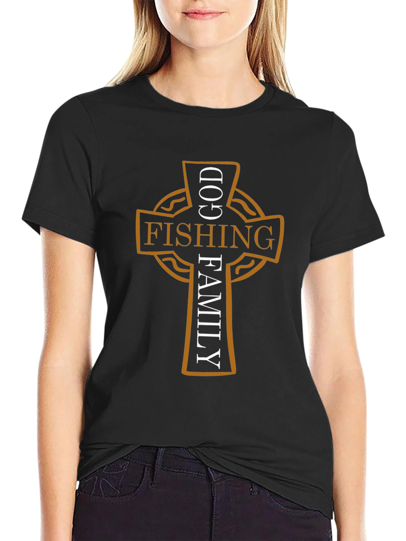 God Fishing Family Cross Graphic Black Tee