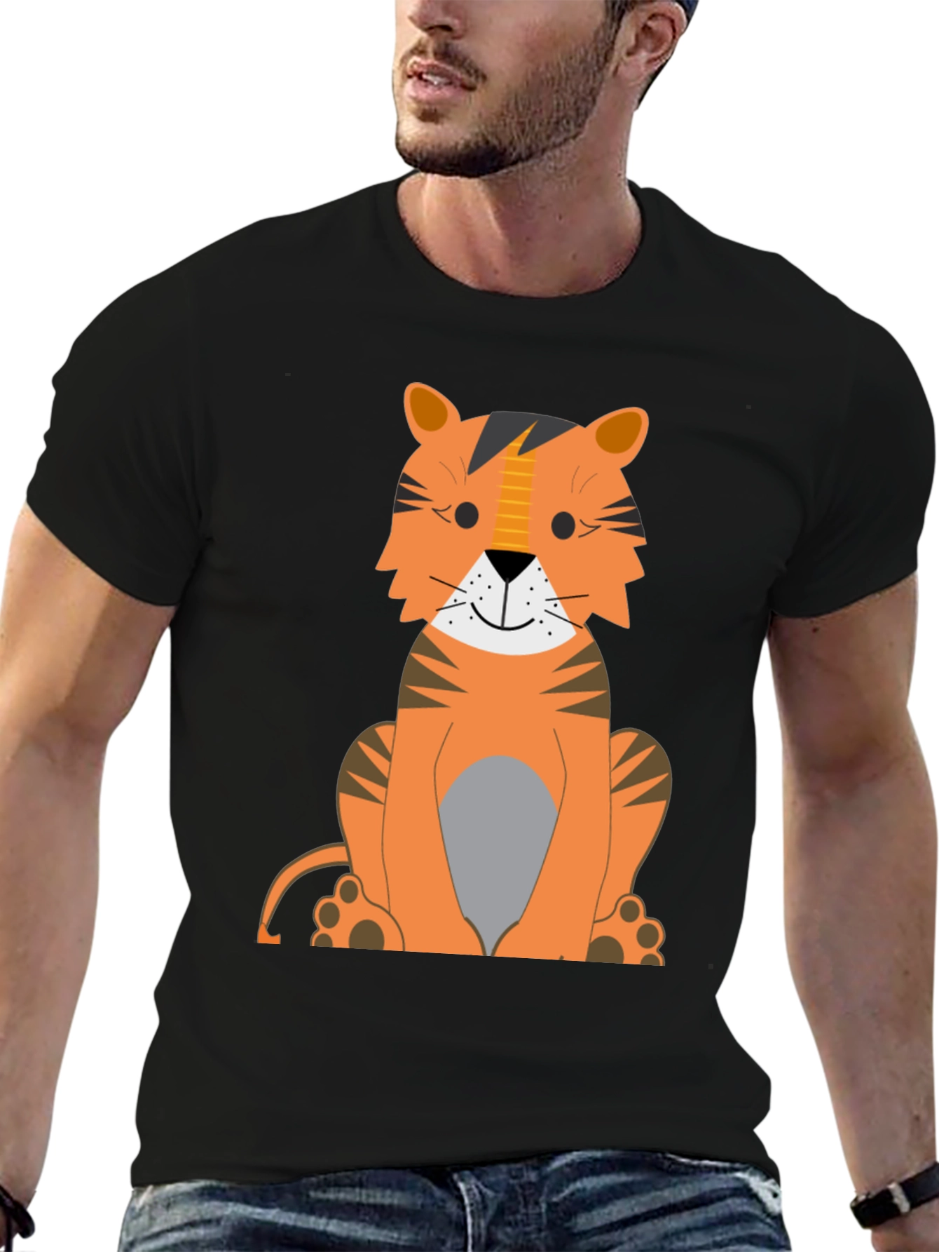 Cartoon Tiger Graphic Tee - Black