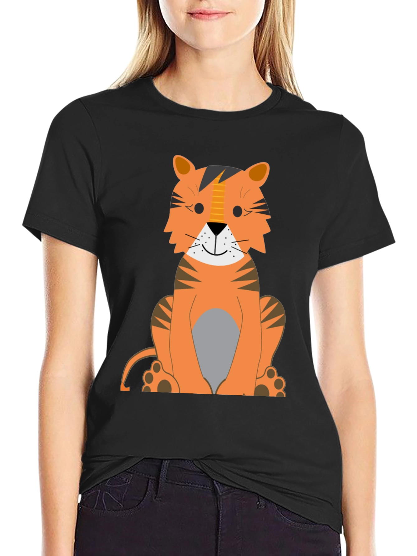 Cartoon Tiger Graphic Tee - Black