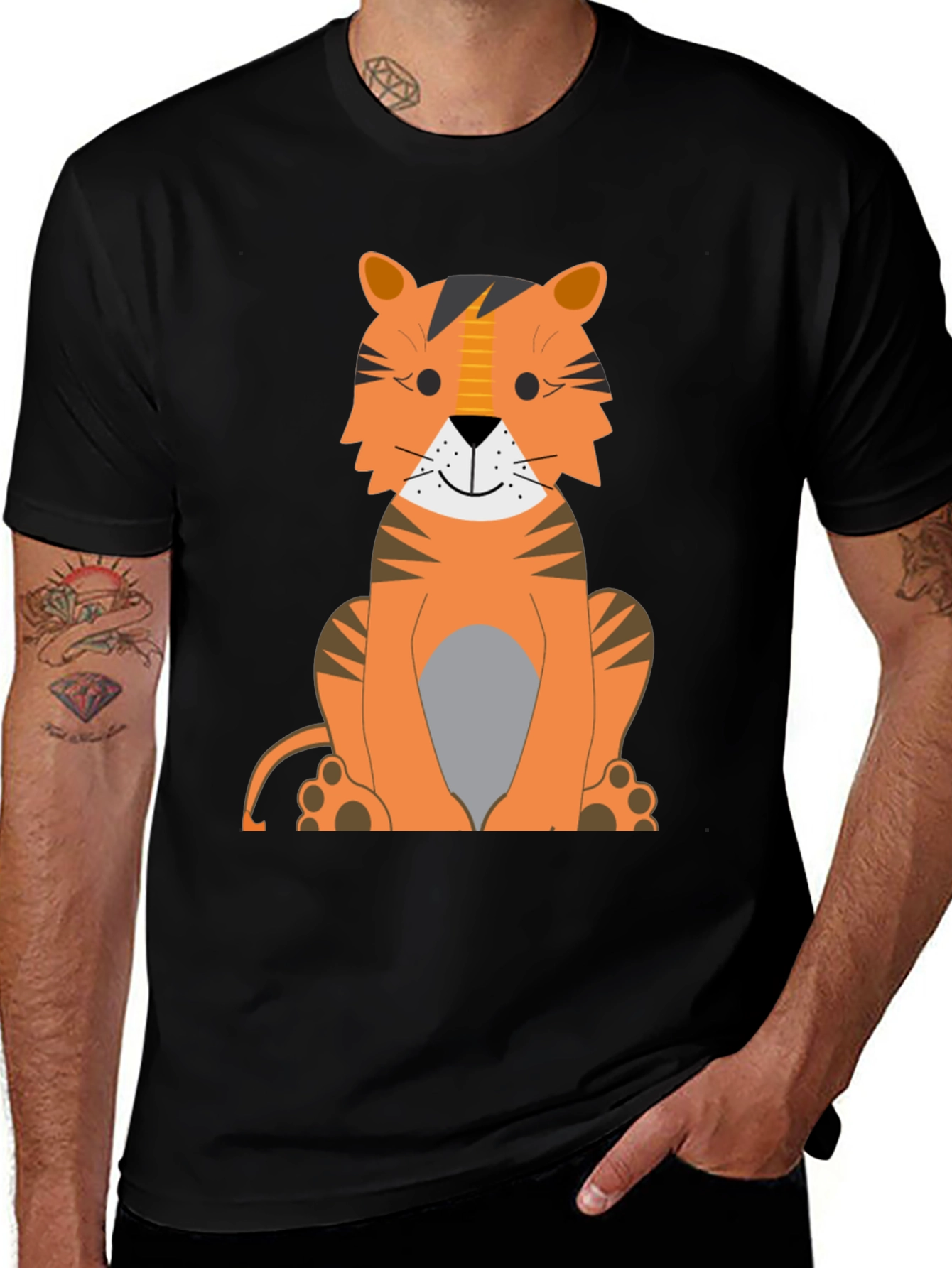 Cartoon Tiger Graphic Tee - Black