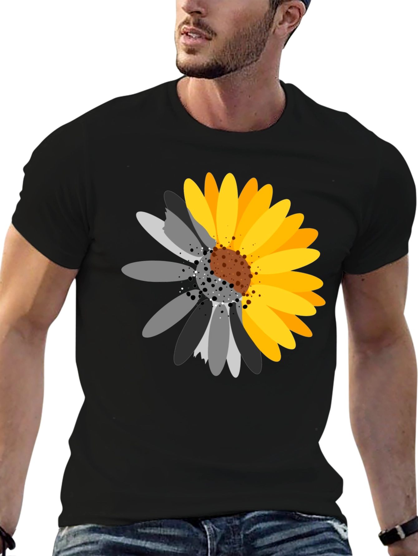 Black T-Shirt with Sunflower Graphic