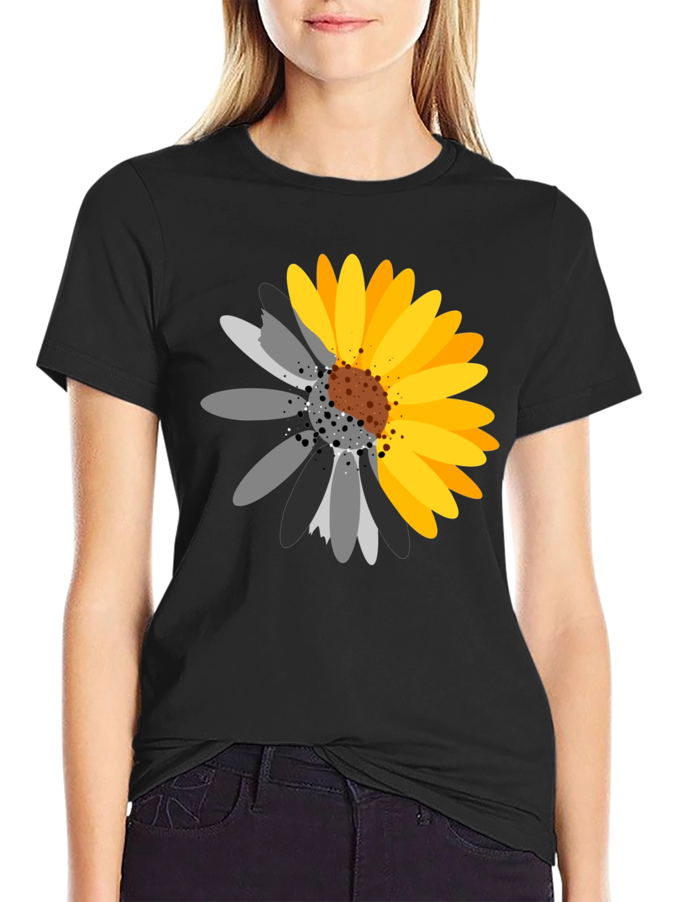Black T-Shirt with Sunflower Graphic