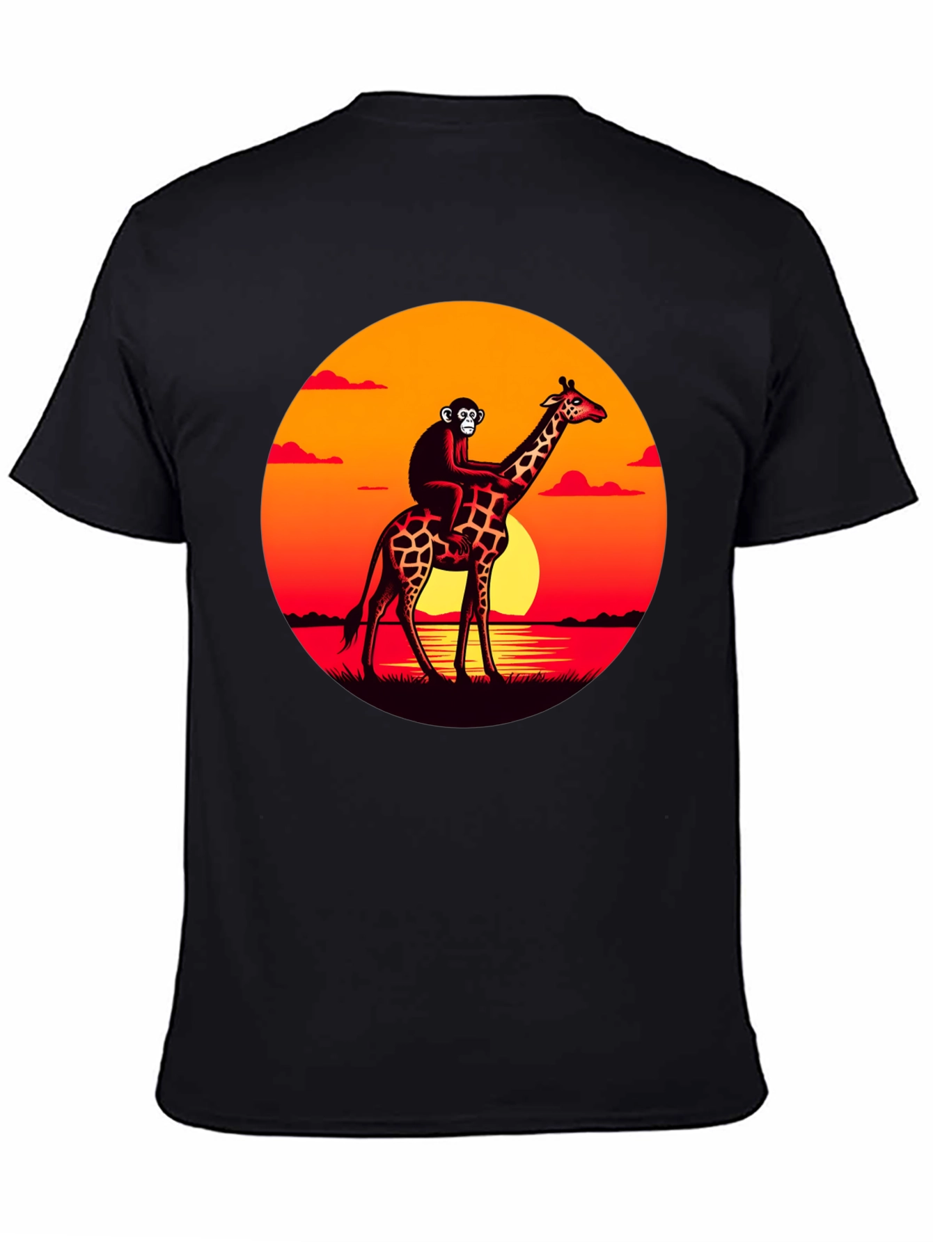 Monkey Riding Giraffe Sunset Graphic Tee