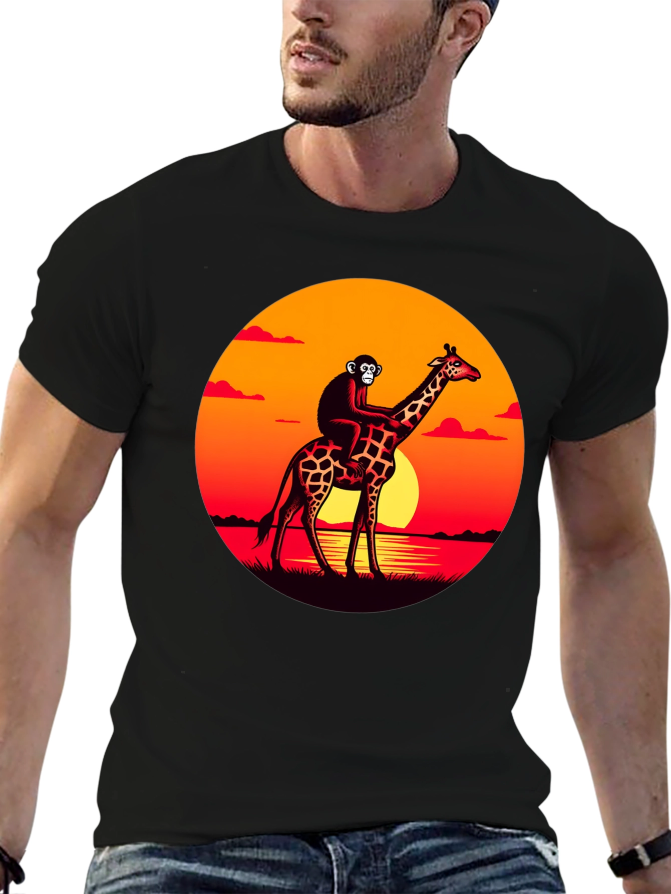 Monkey Riding Giraffe Sunset Graphic Tee