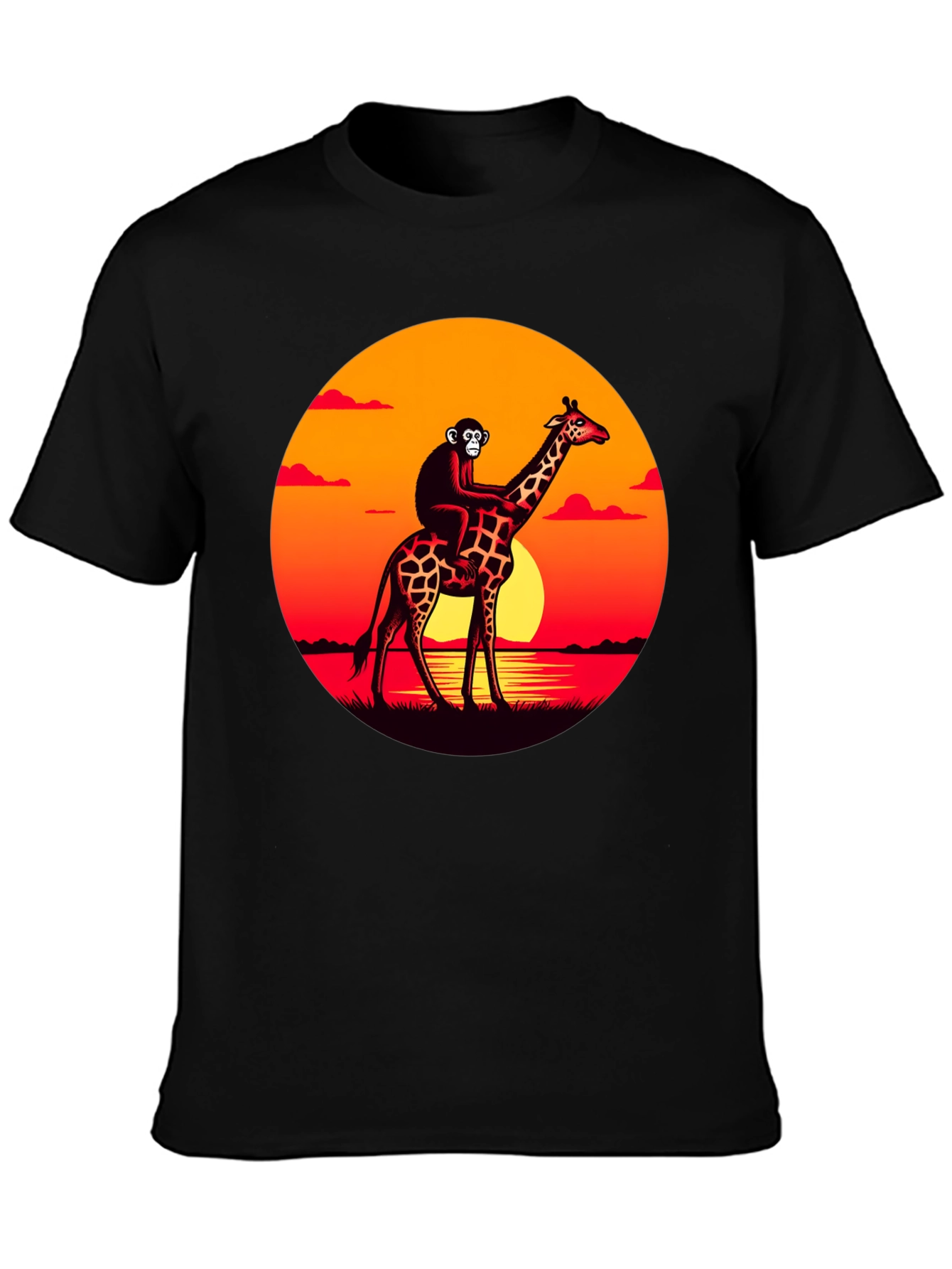 Monkey Riding Giraffe Sunset Graphic Tee