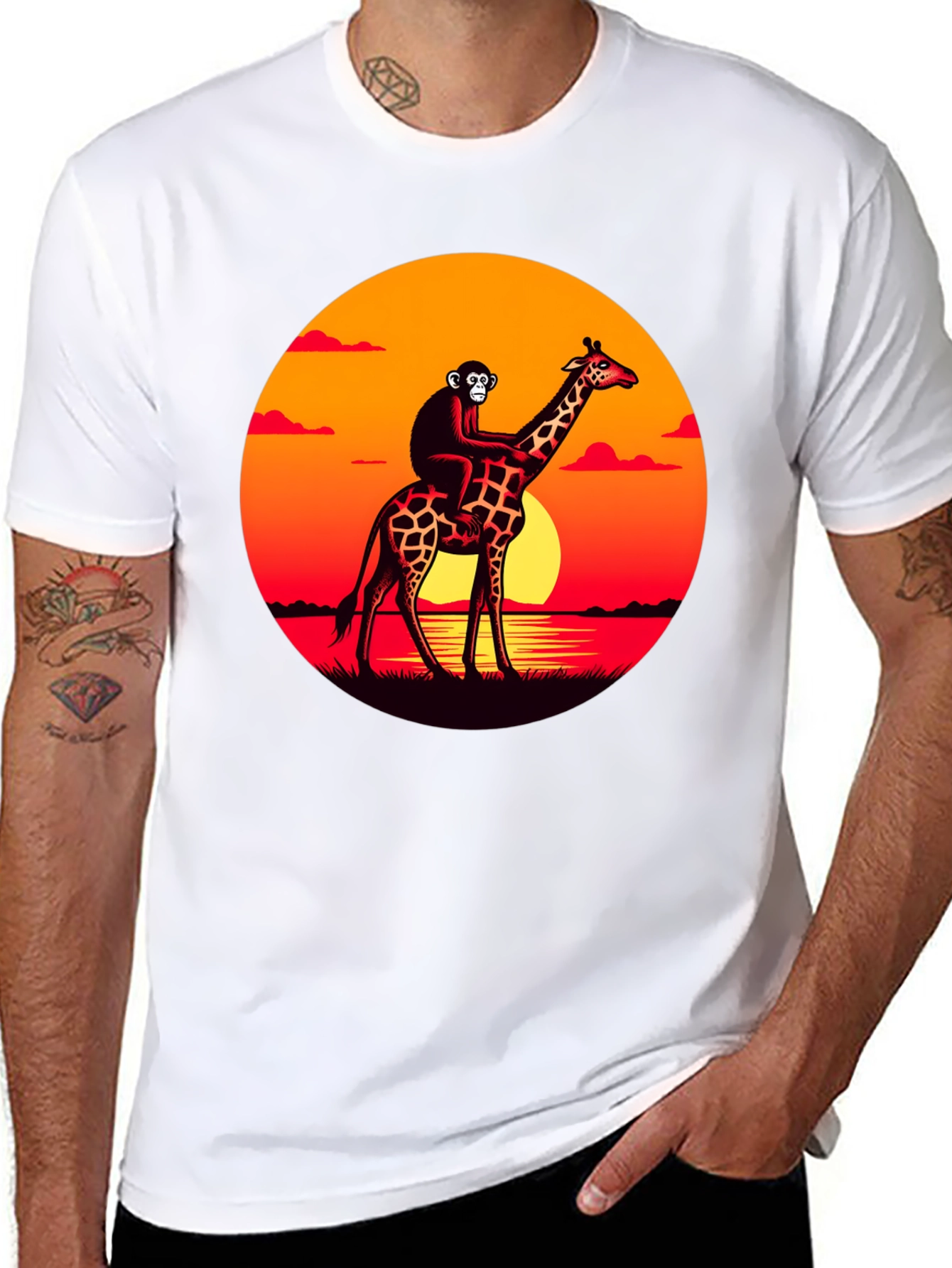 Monkey Riding Giraffe Sunset Graphic Tee