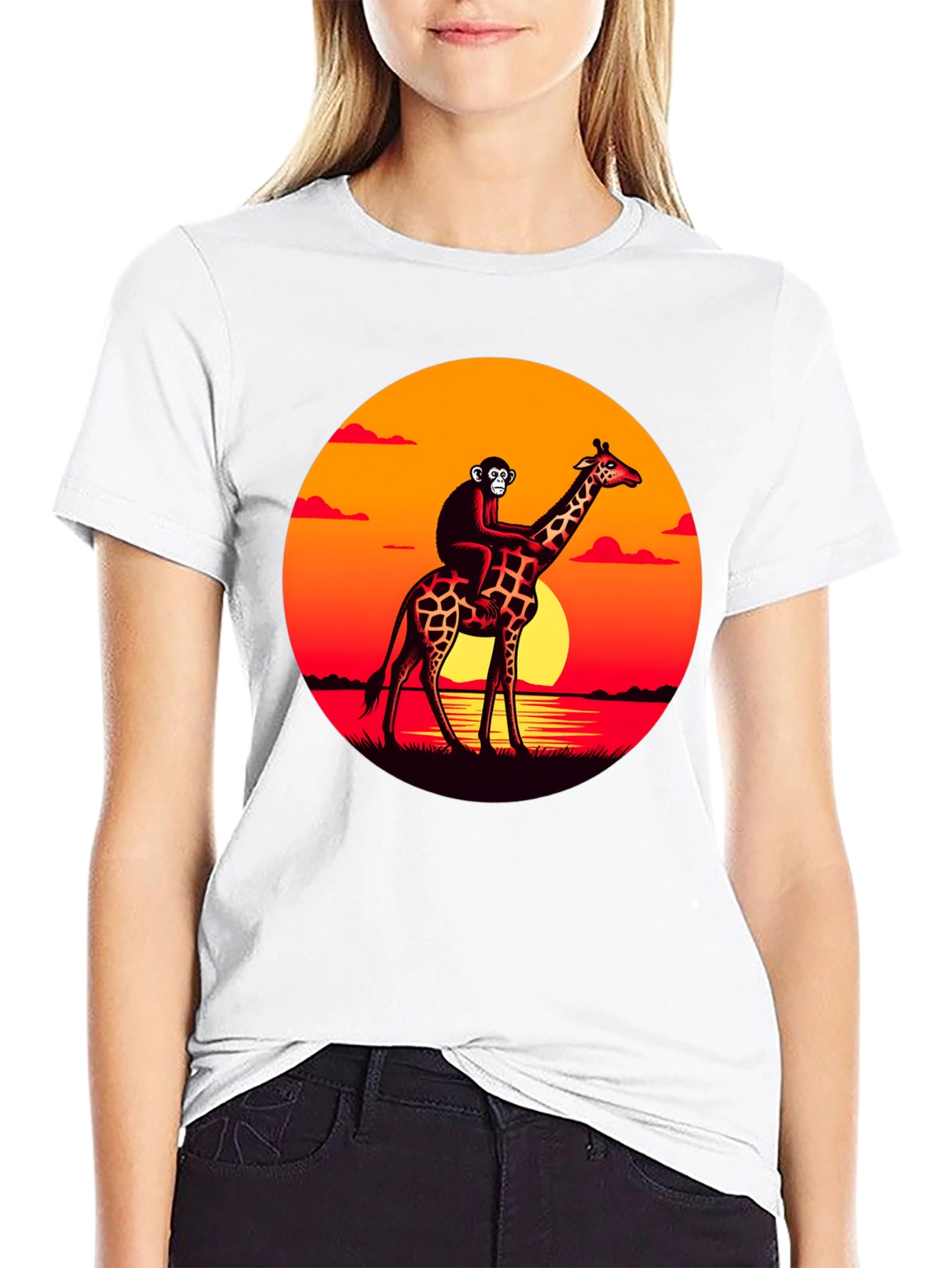 Monkey Riding Giraffe Sunset Graphic Tee