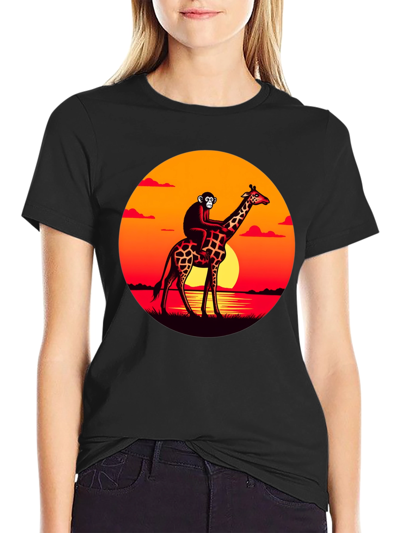 Monkey Riding Giraffe Sunset Graphic Tee
