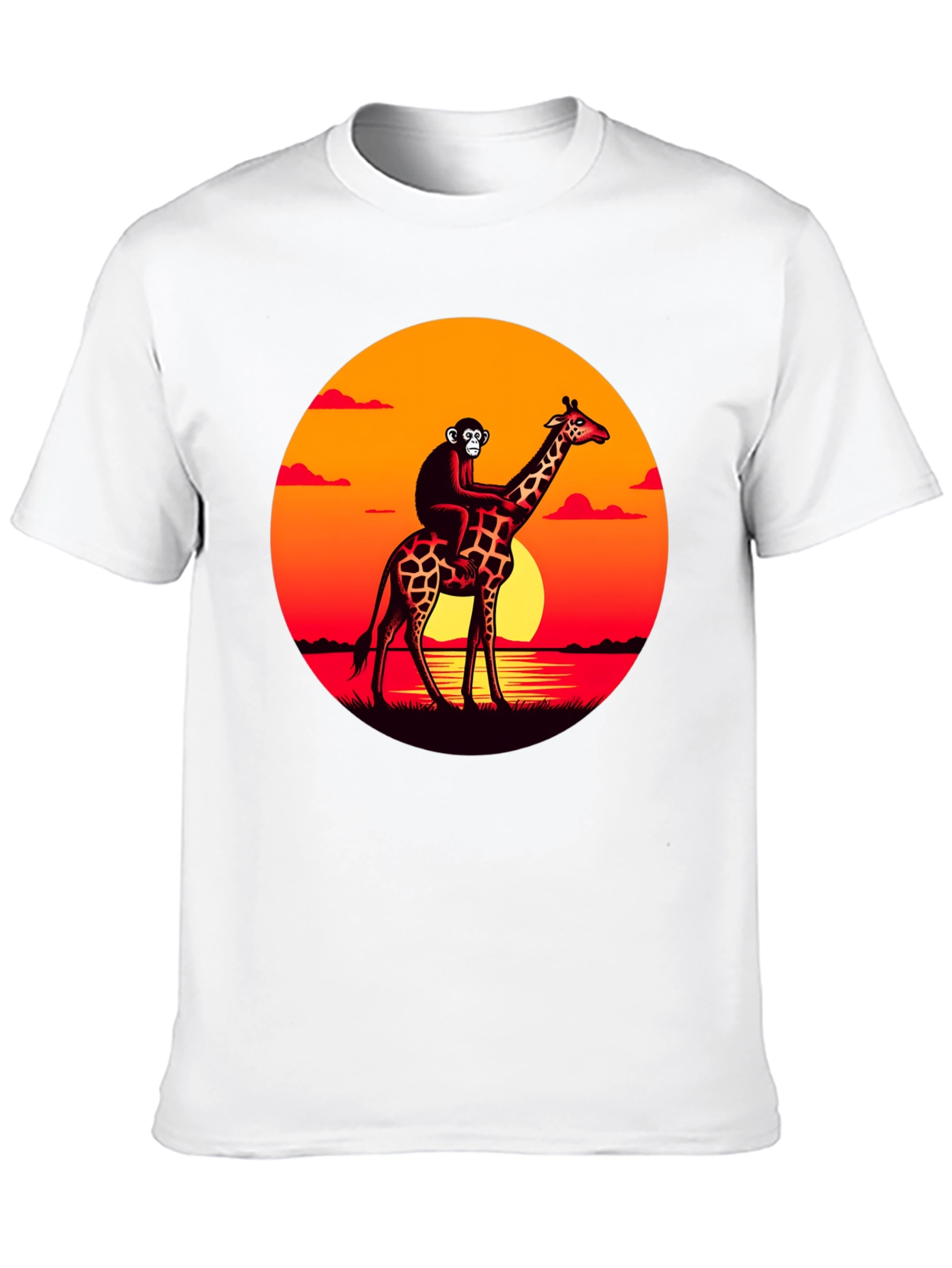 Monkey Riding Giraffe Sunset Graphic Tee