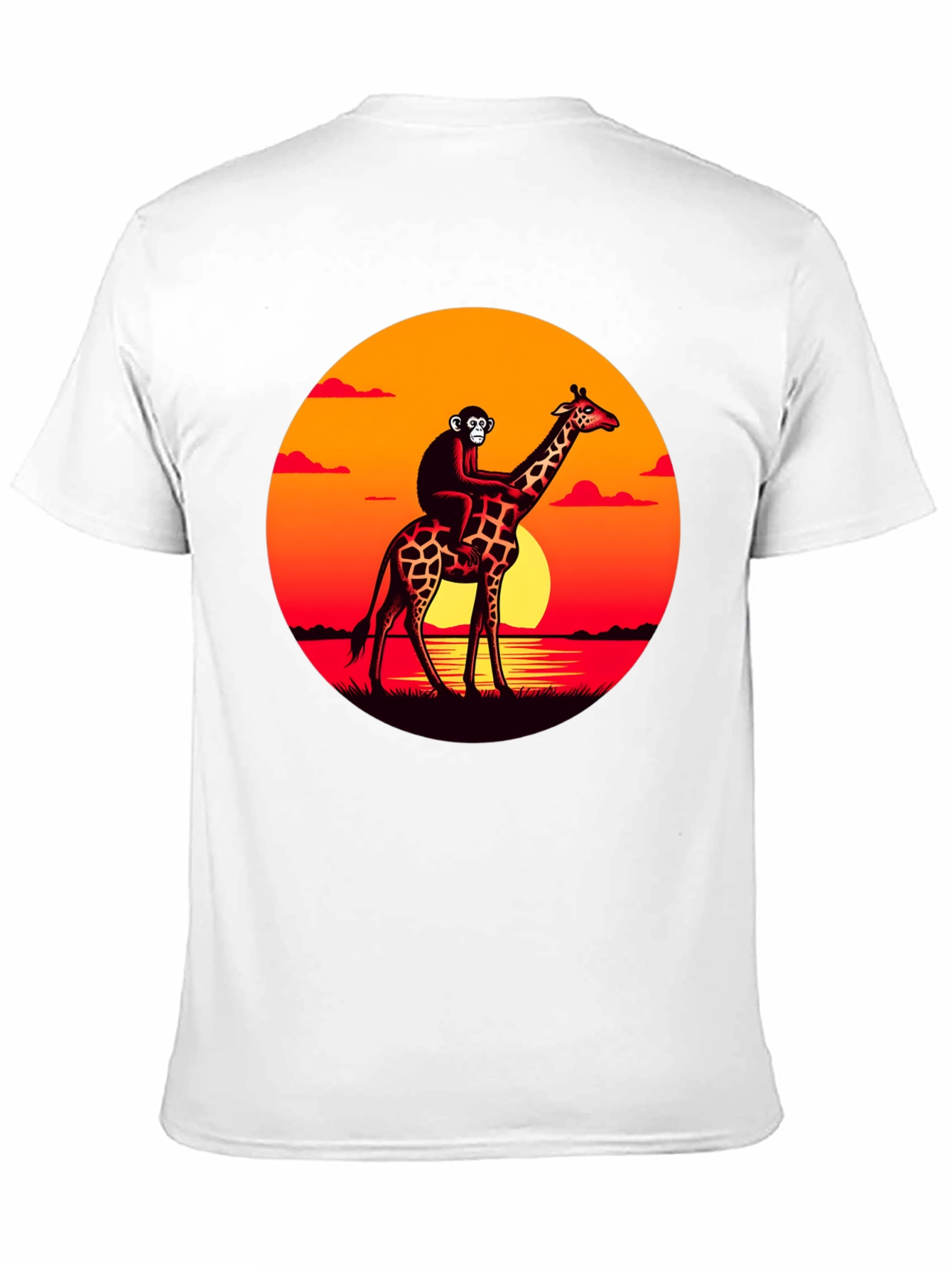 Monkey Riding Giraffe Sunset Graphic Tee
