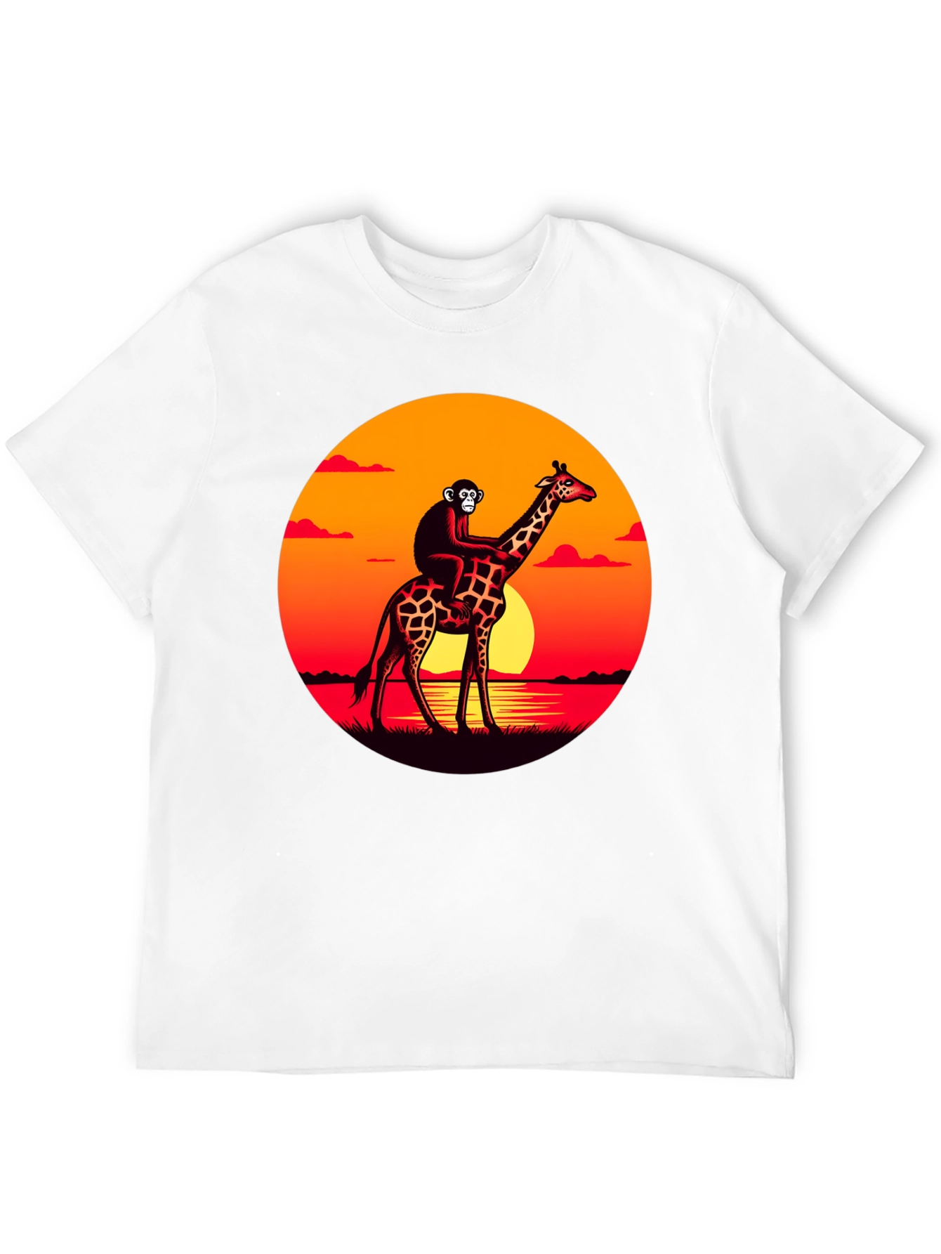 Monkey Riding Giraffe Sunset Graphic Tee
