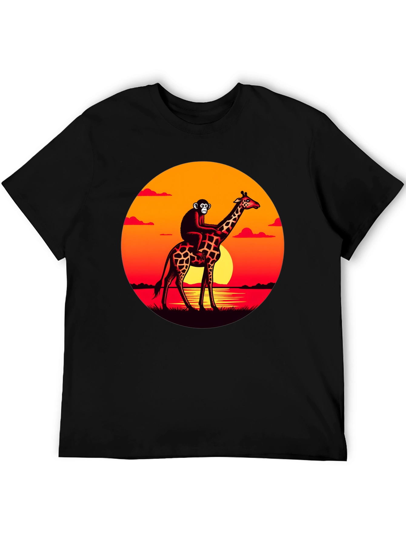 Monkey Riding Giraffe Sunset Graphic Tee
