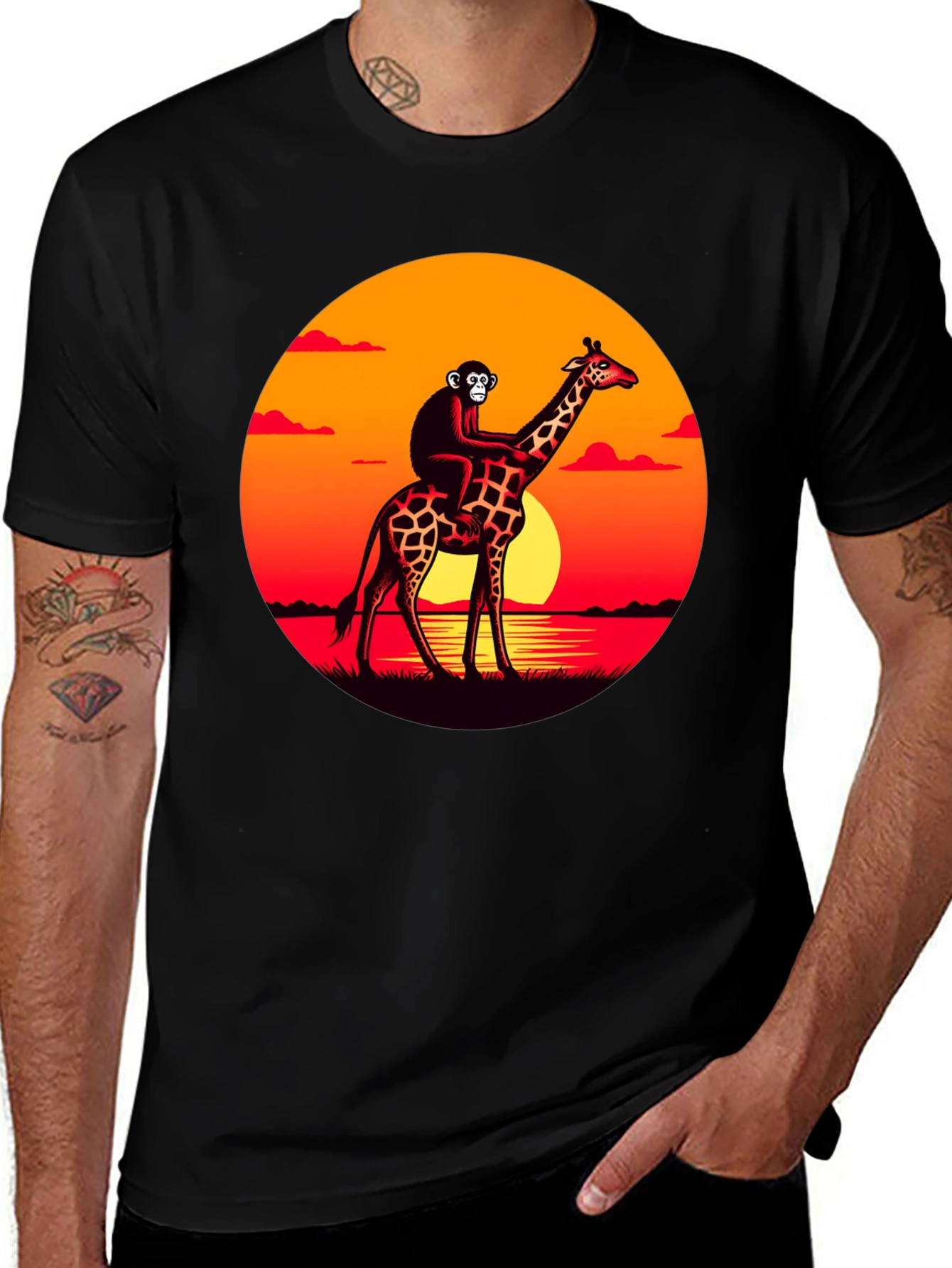 Monkey Riding Giraffe Sunset Graphic Tee
