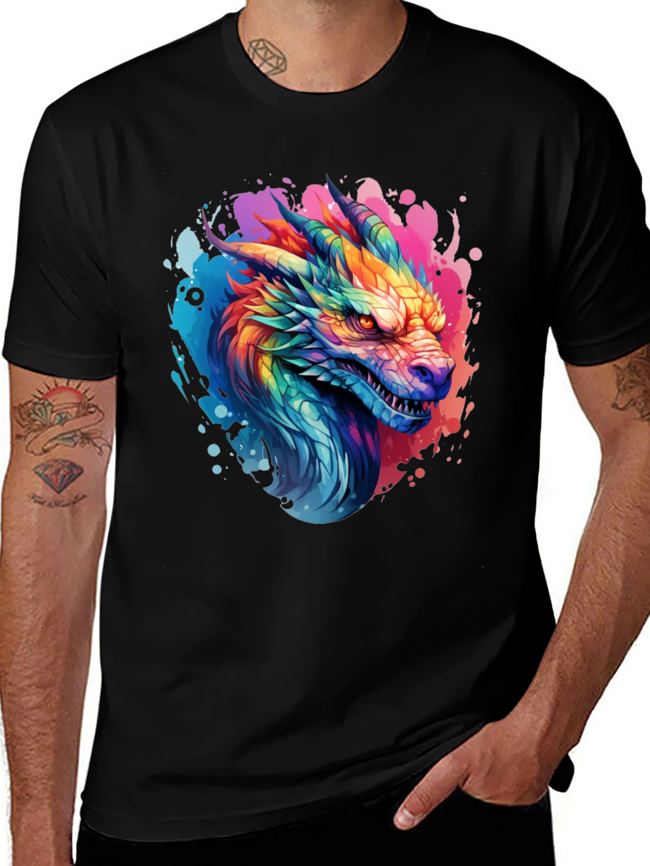 Rainbow Dragon Graphic T-Shirt - Mens Black Tee