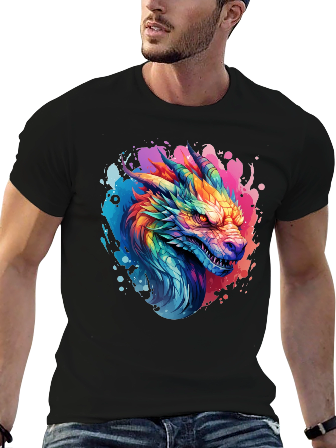 Rainbow Dragon Graphic T-Shirt - Mens Black Tee