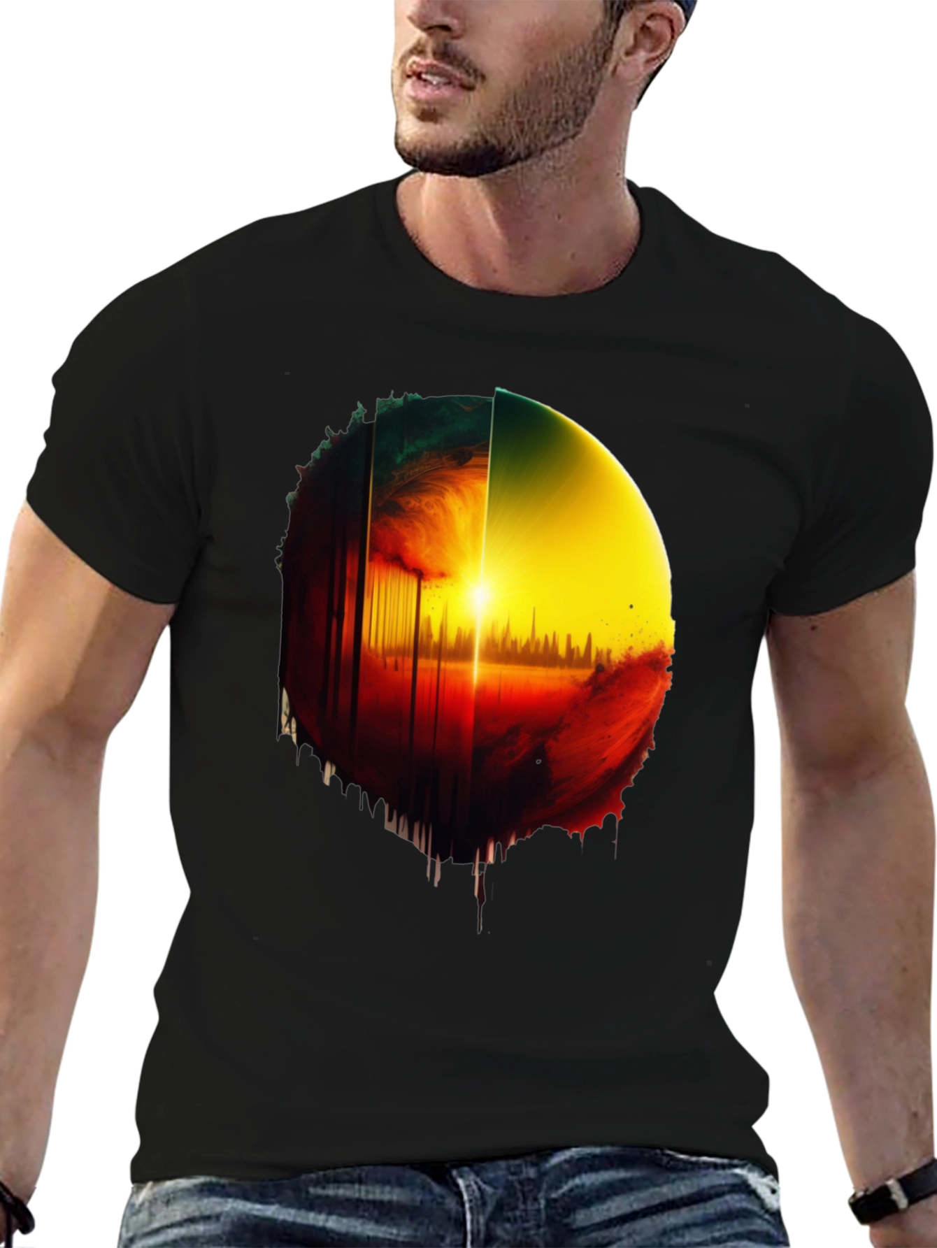 Abstract Sunrise Graphic Tee - Black Cotton Blend
