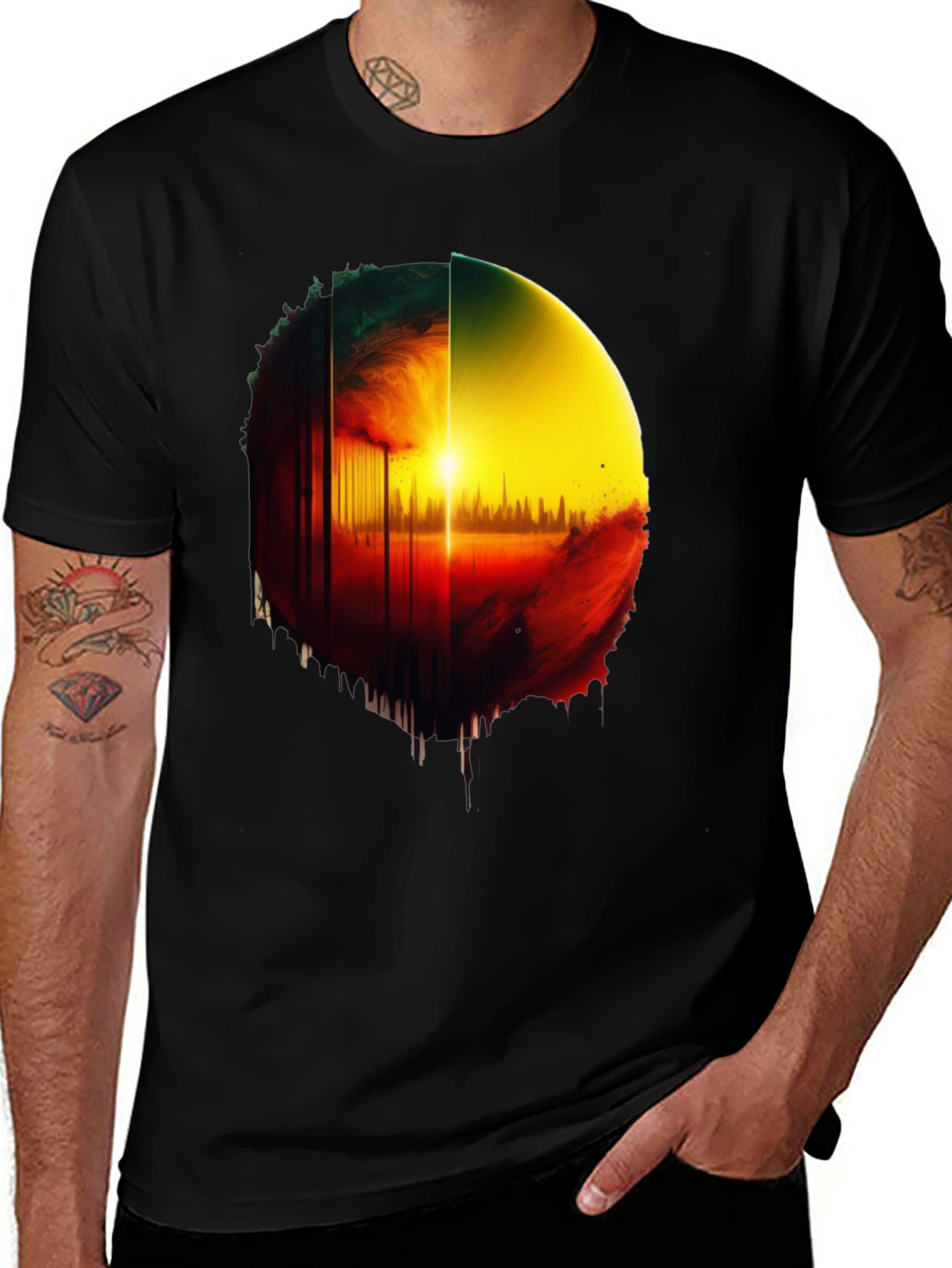 Abstract Sunrise Graphic Tee - Black Cotton Blend