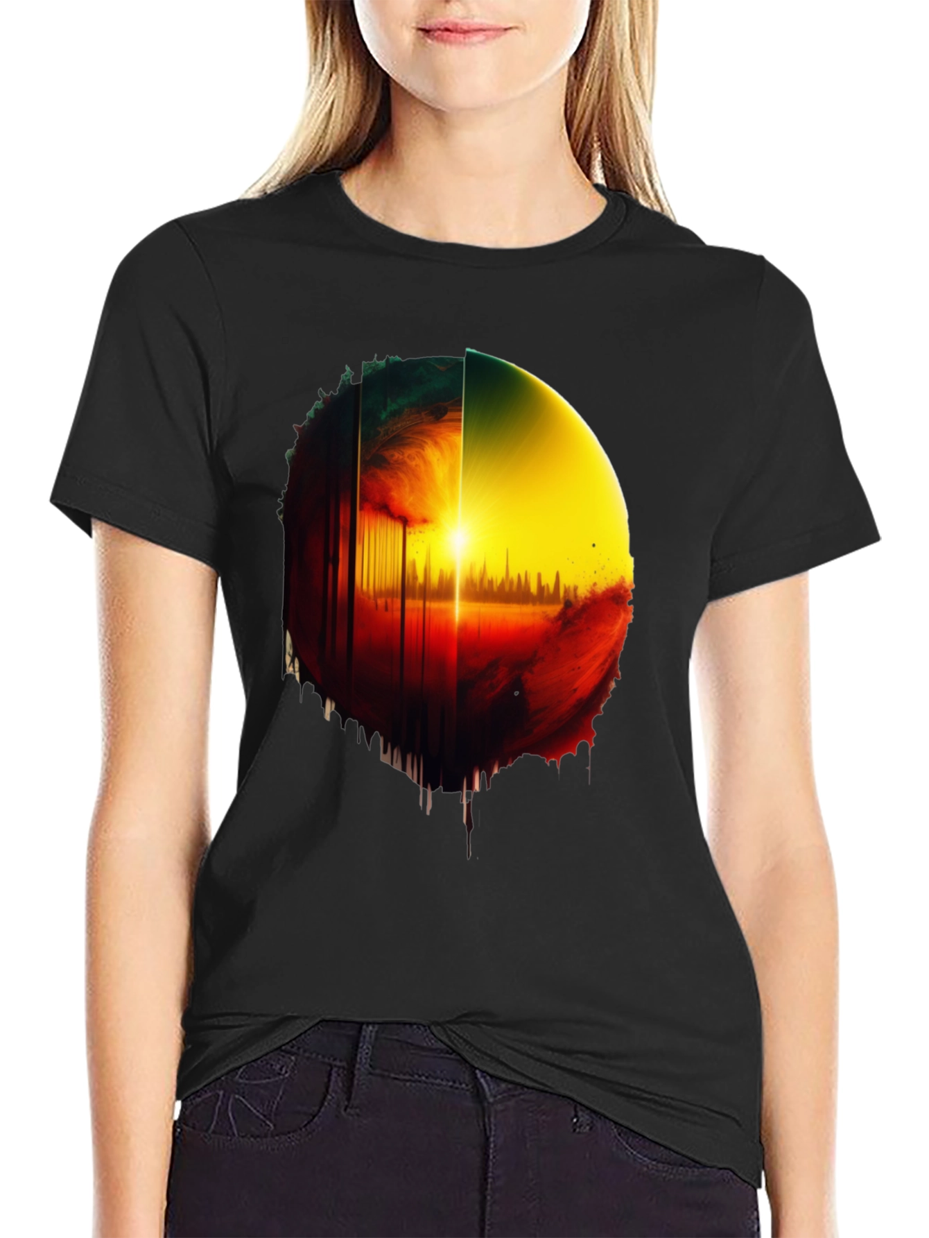 Abstract Sunrise Graphic Tee - Black Cotton Blend