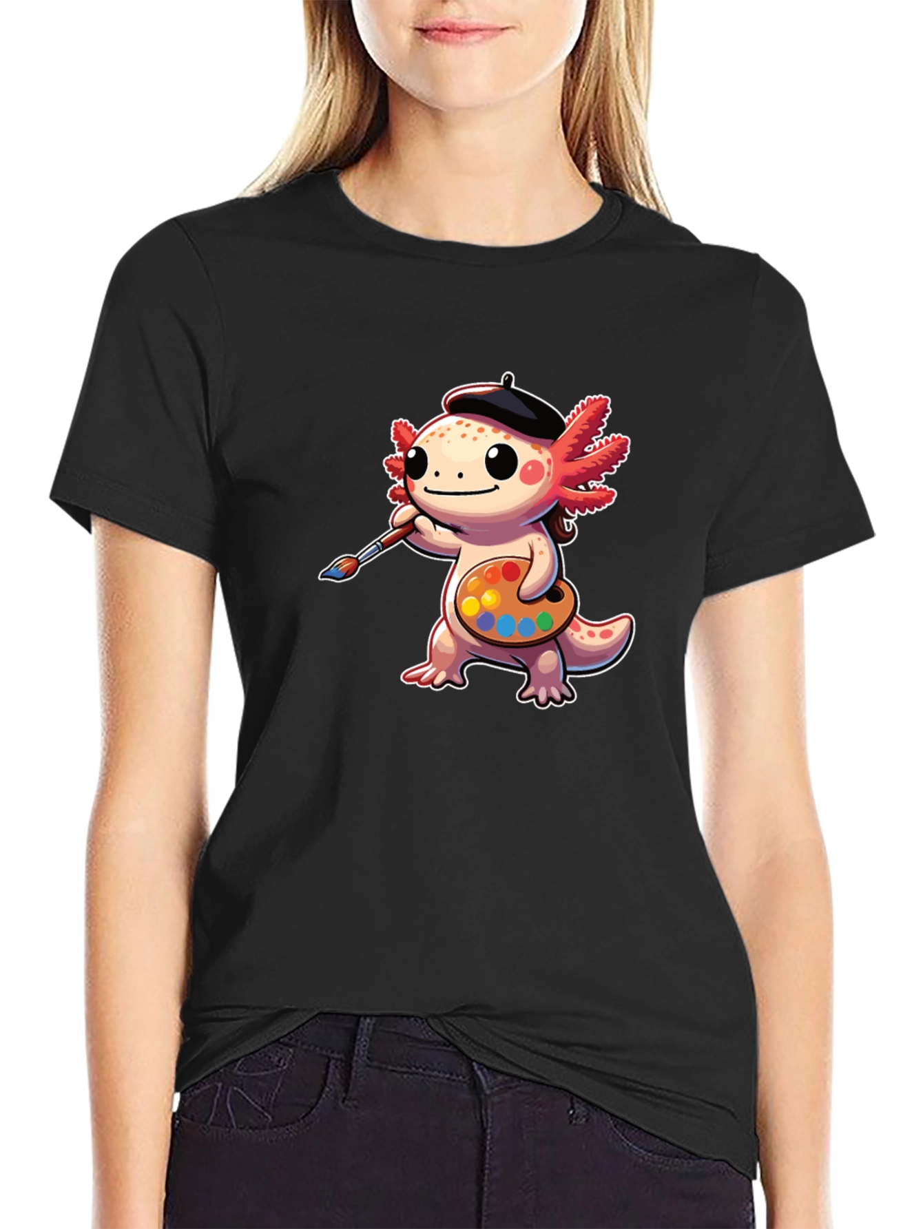 Axolotl Artist T-Shirt: Cute Cartoon Painter Tee