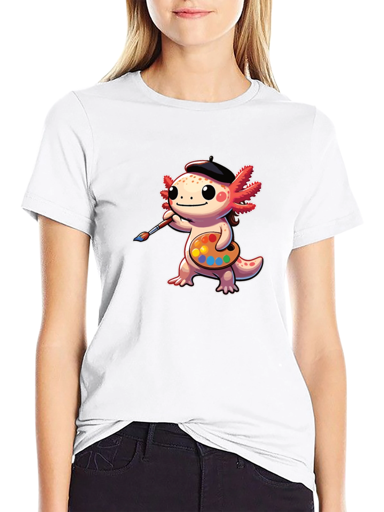 Axolotl Artist T-Shirt: Cute Cartoon Painter Tee