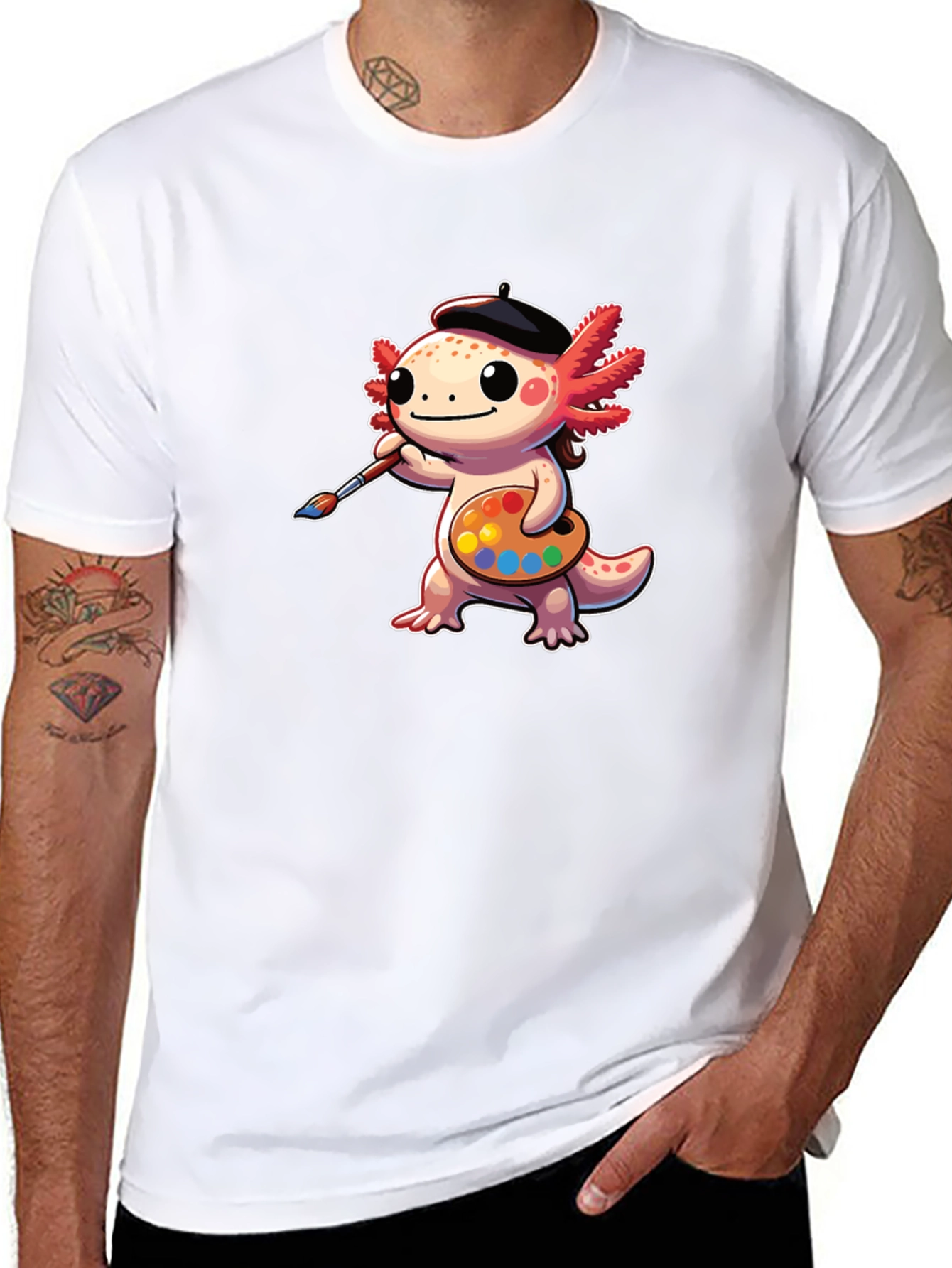 Axolotl Artist T-Shirt: Cute Cartoon Painter Tee
