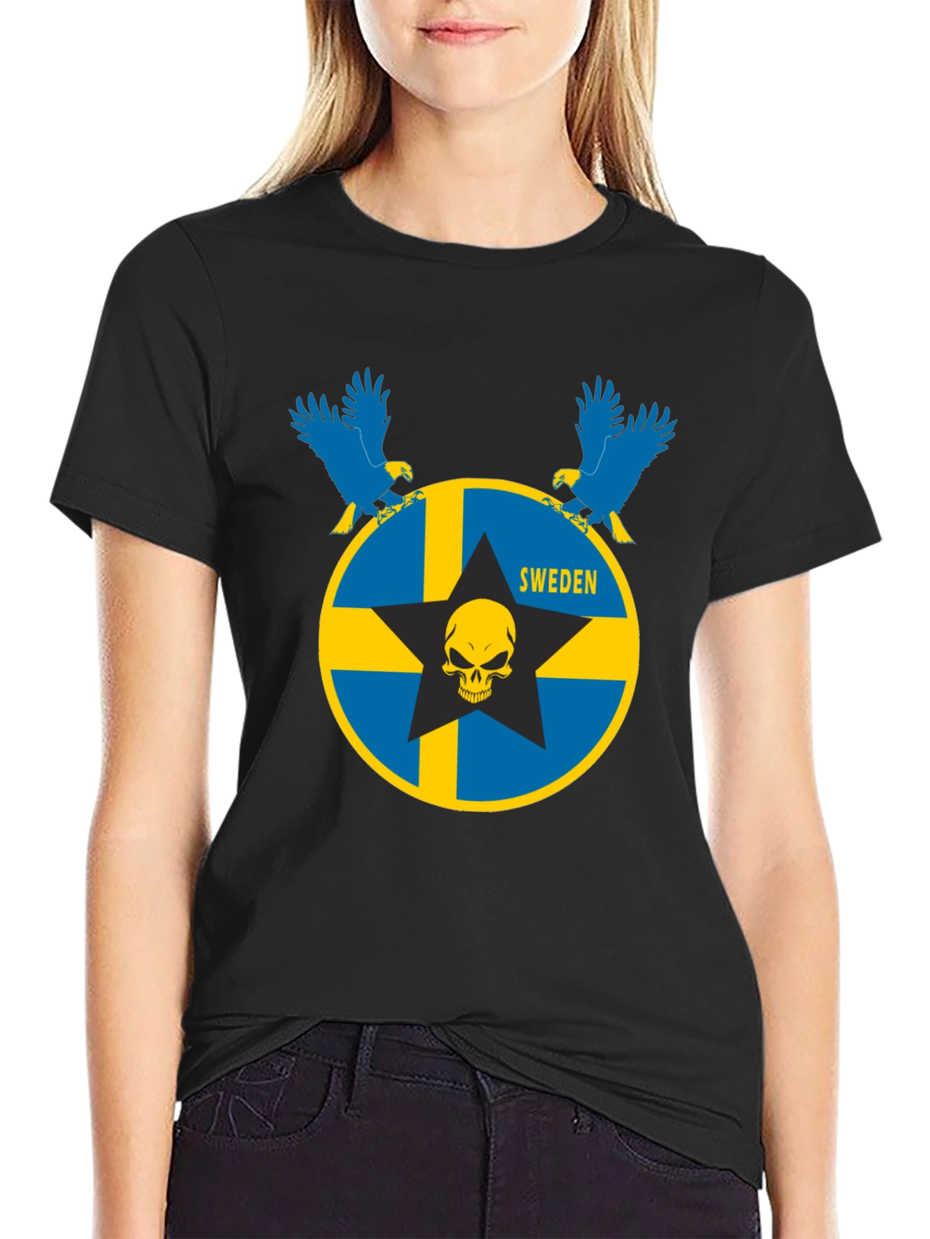 Sweden Flag Skull Eagle Graphic T-Shirt