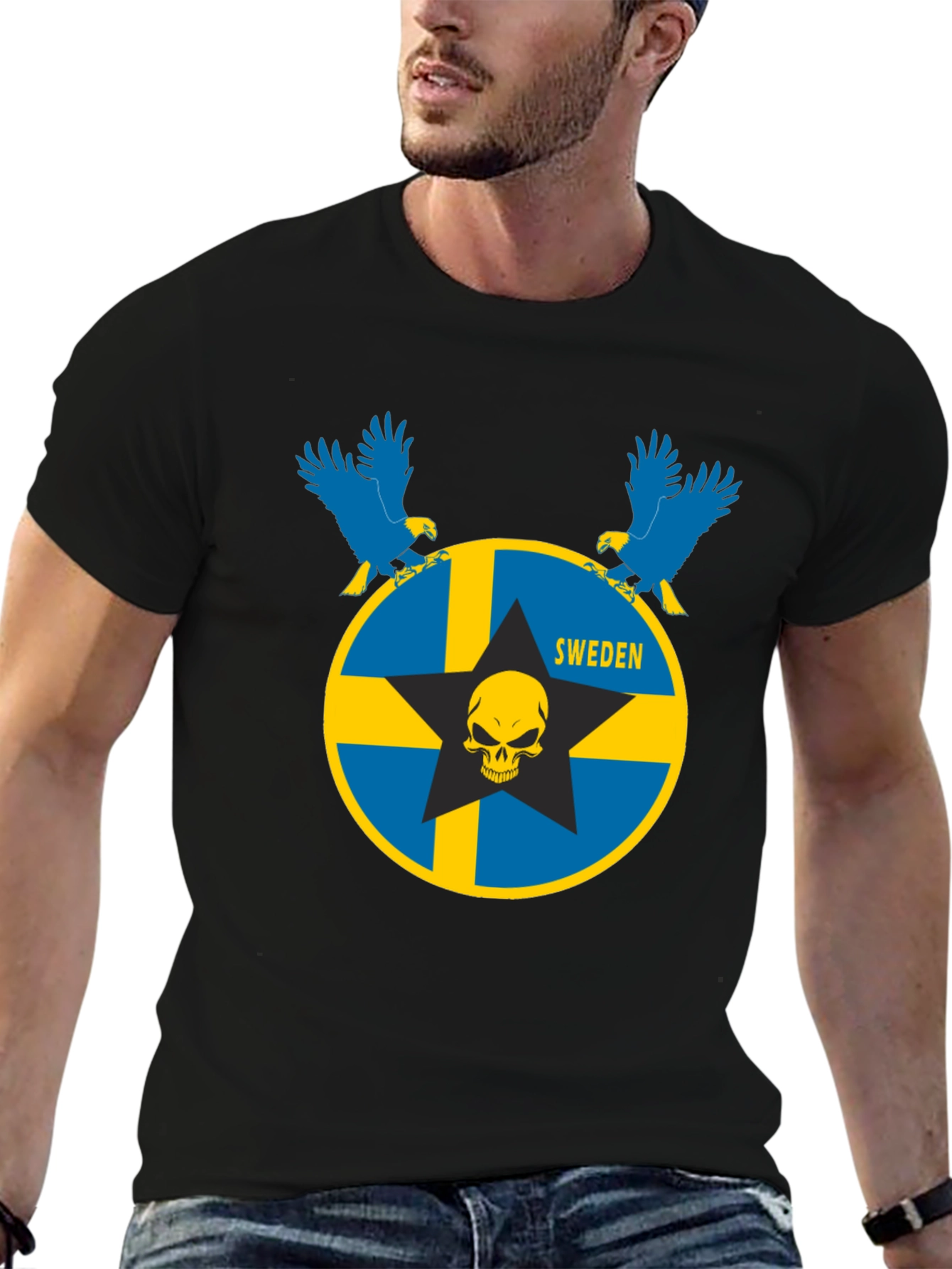 Sweden Flag Skull Eagle Graphic T-Shirt