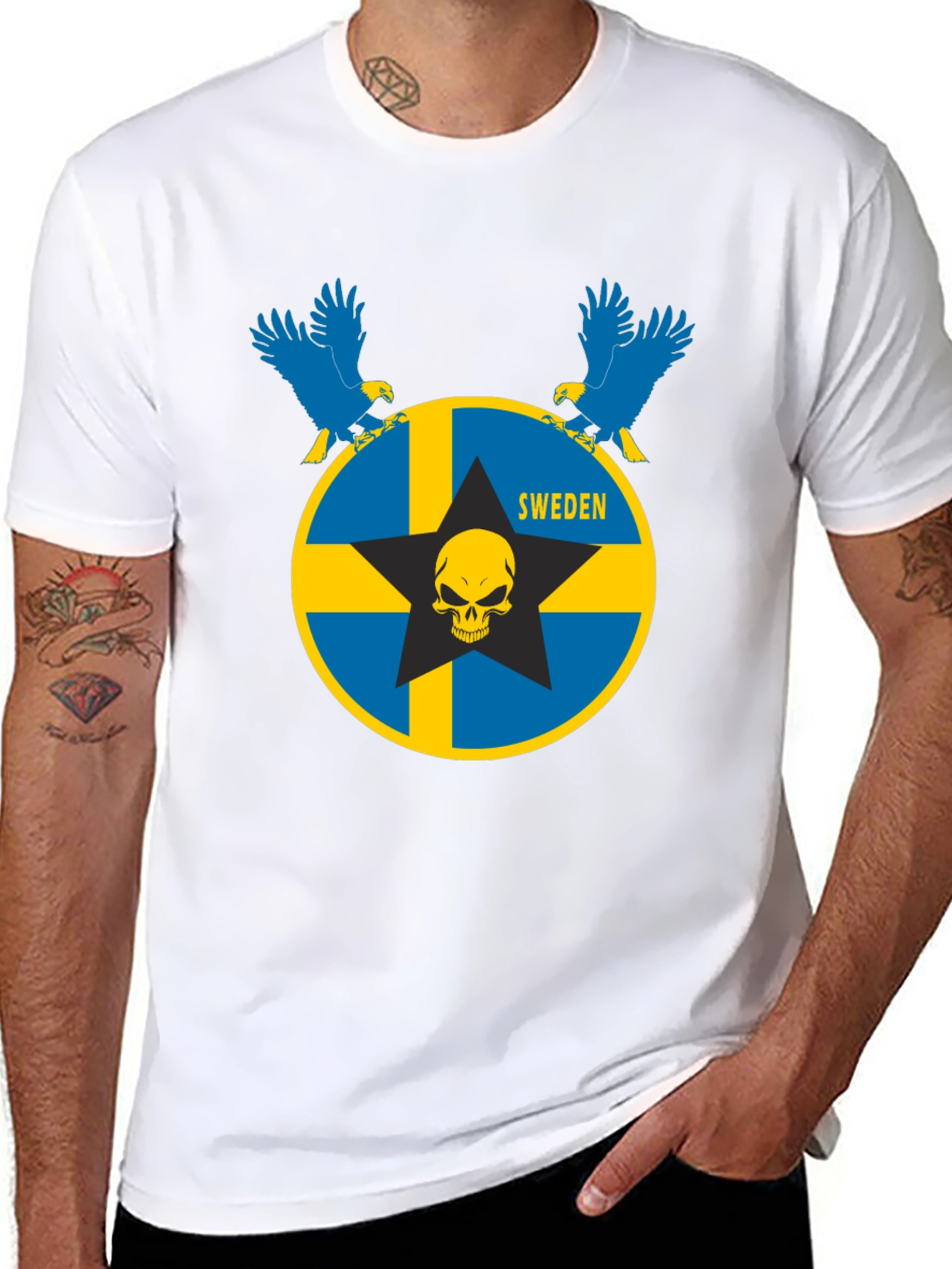 Sweden Flag Skull Eagle Graphic T-Shirt