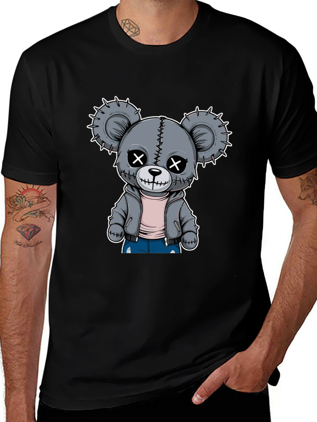 Creepy Cute Teddy Bear Graphic T-Shirt - Black