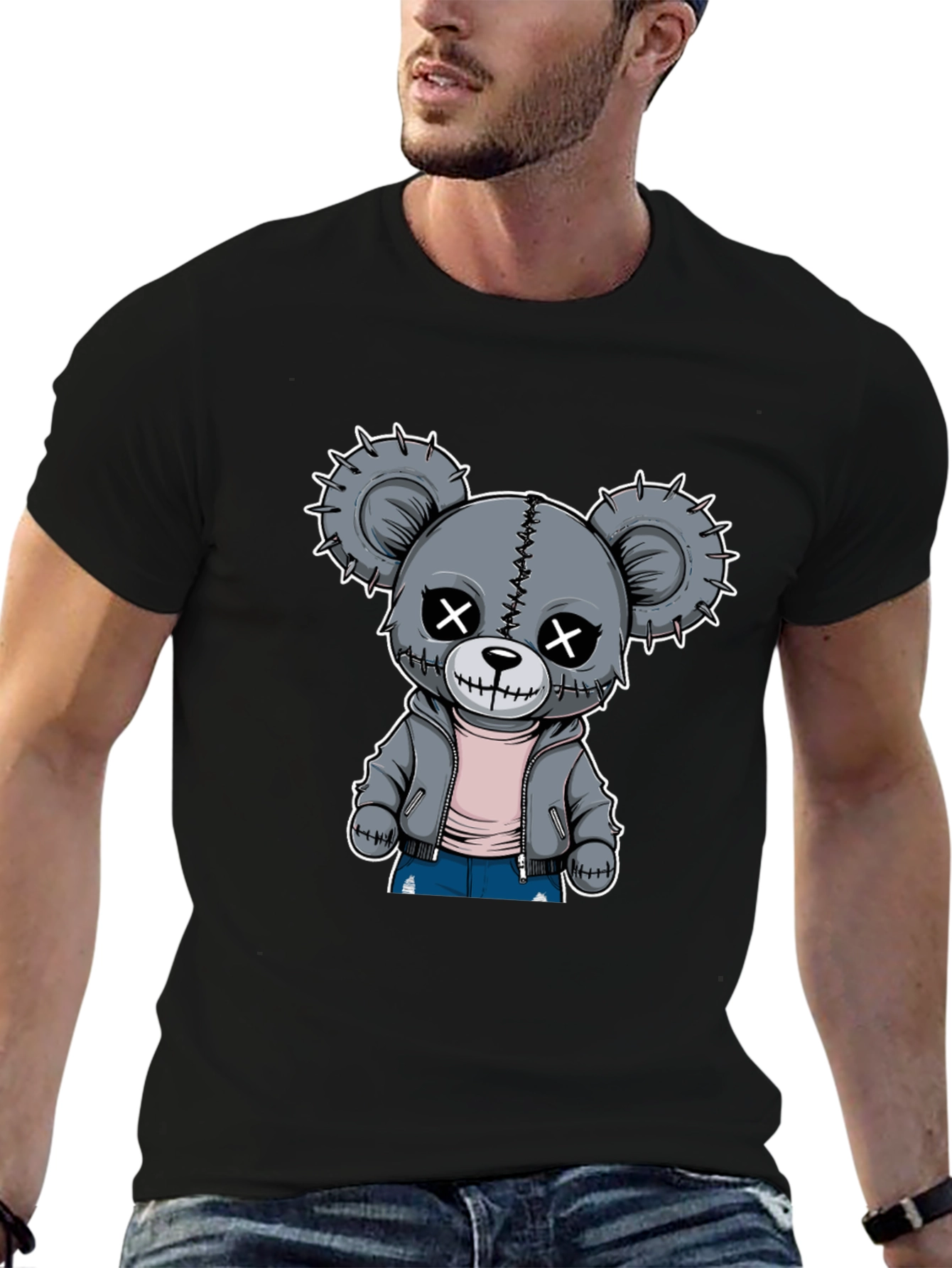 Creepy Cute Teddy Bear Graphic T-Shirt - Black