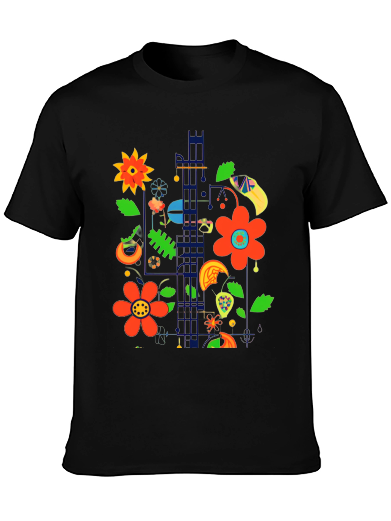 Floral Pop Art Graphic Print Black T-Shirt