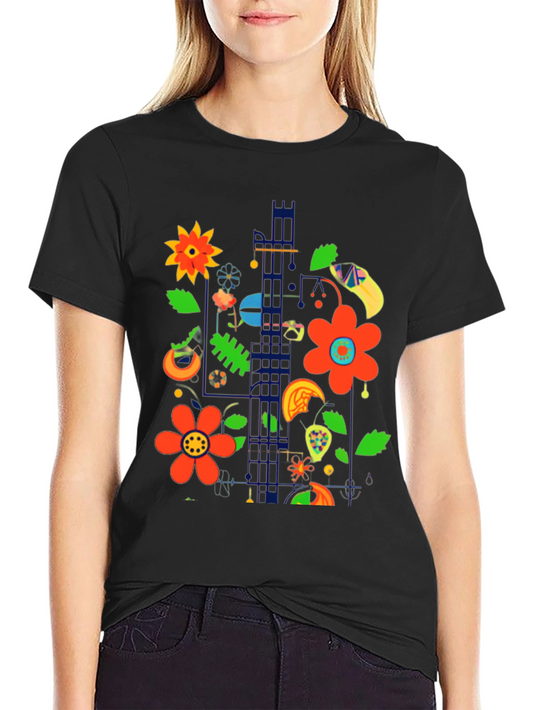 Floral Pop Art Graphic Print Black T-Shirt