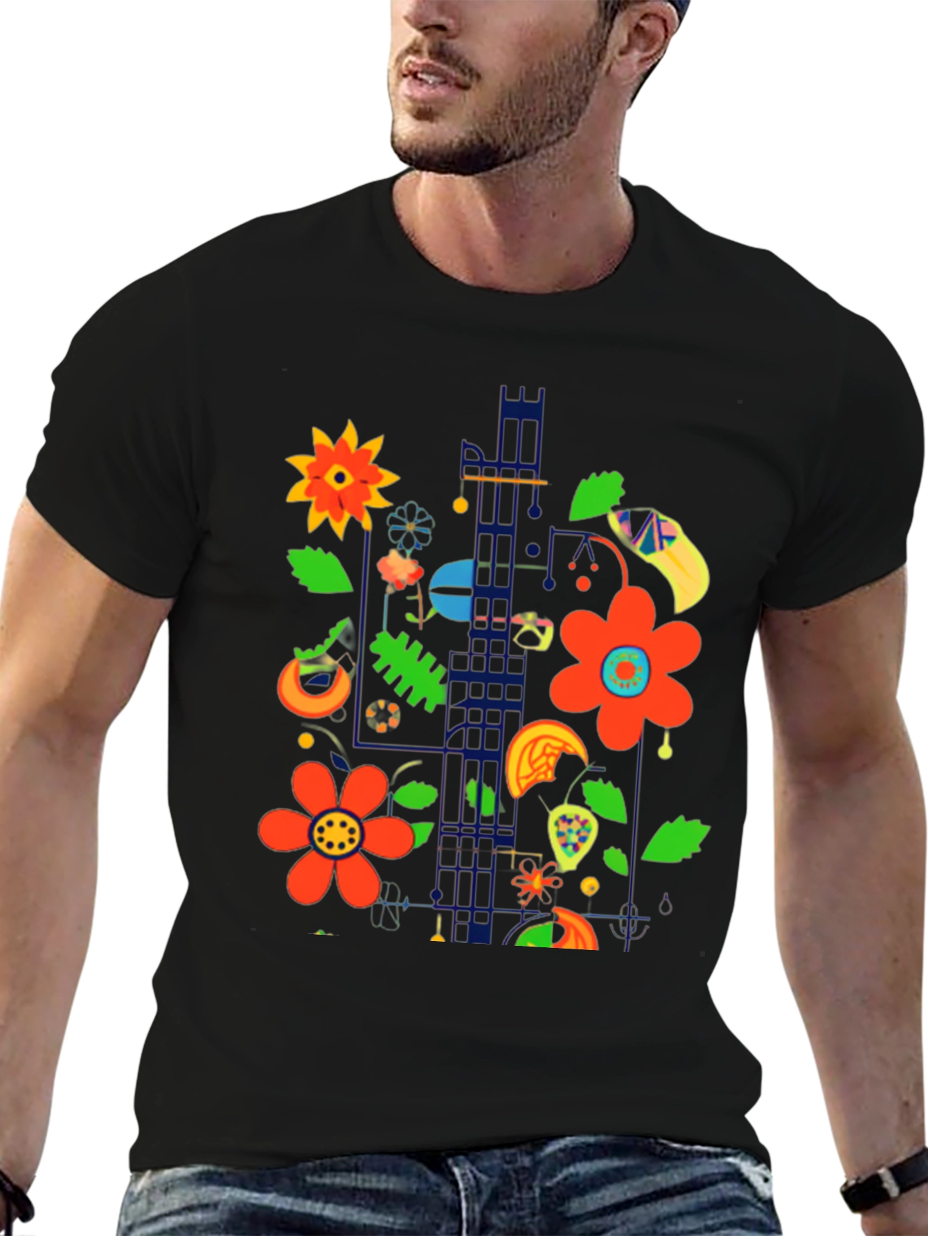 Floral Pop Art Graphic Print Black T-Shirt