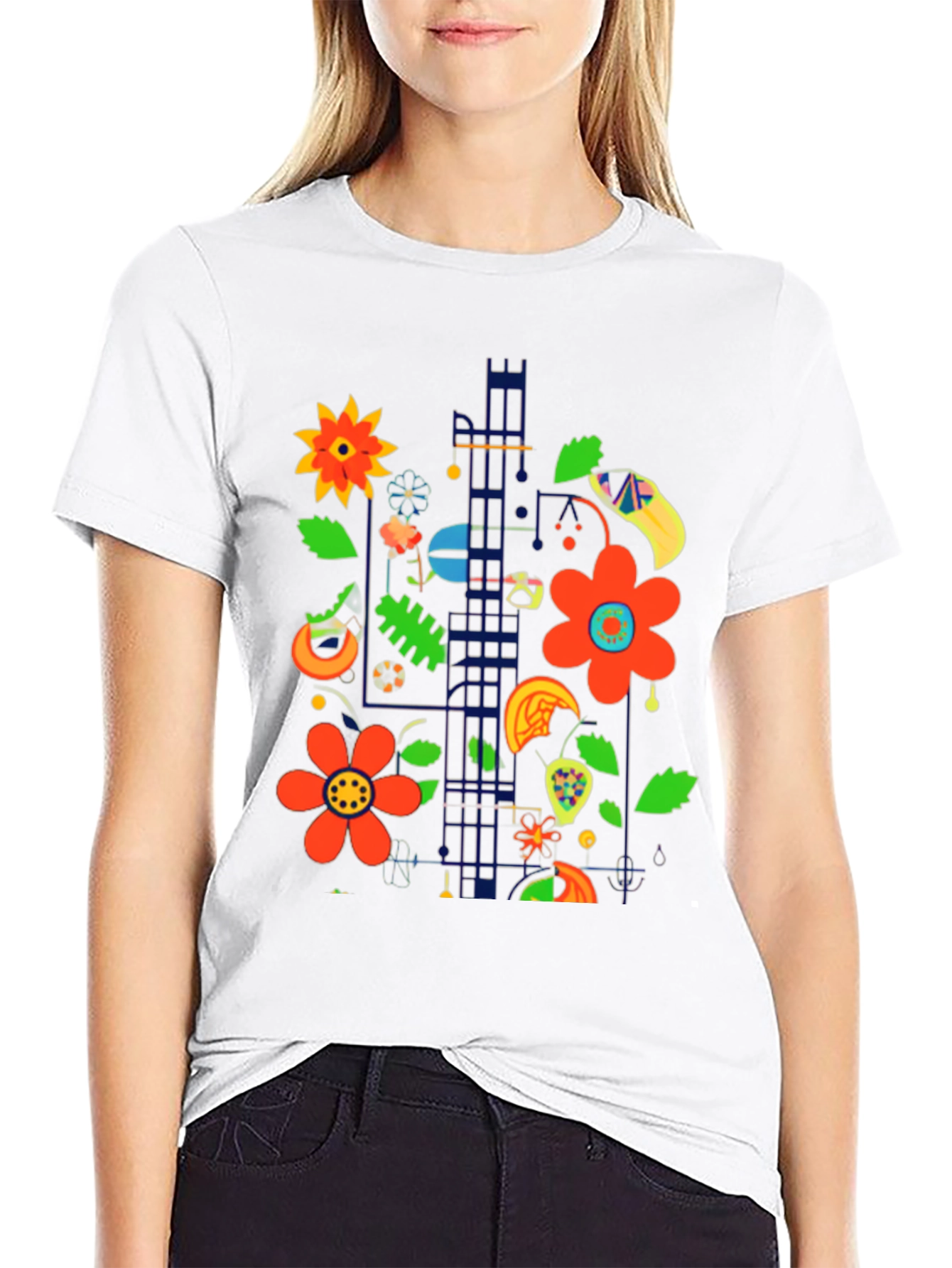 Floral Pop Art Graphic Print Black T-Shirt
