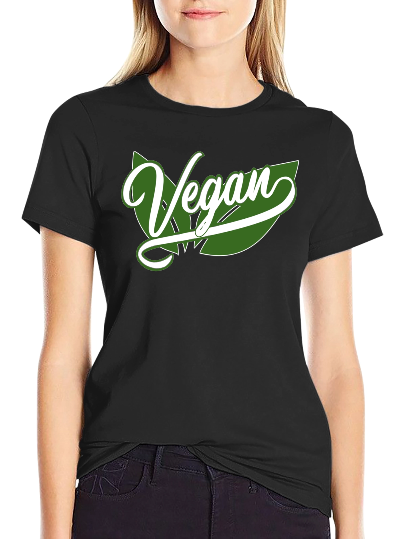 Vegan Leaf Graphic Tee - Black Cotton Blend Shirt