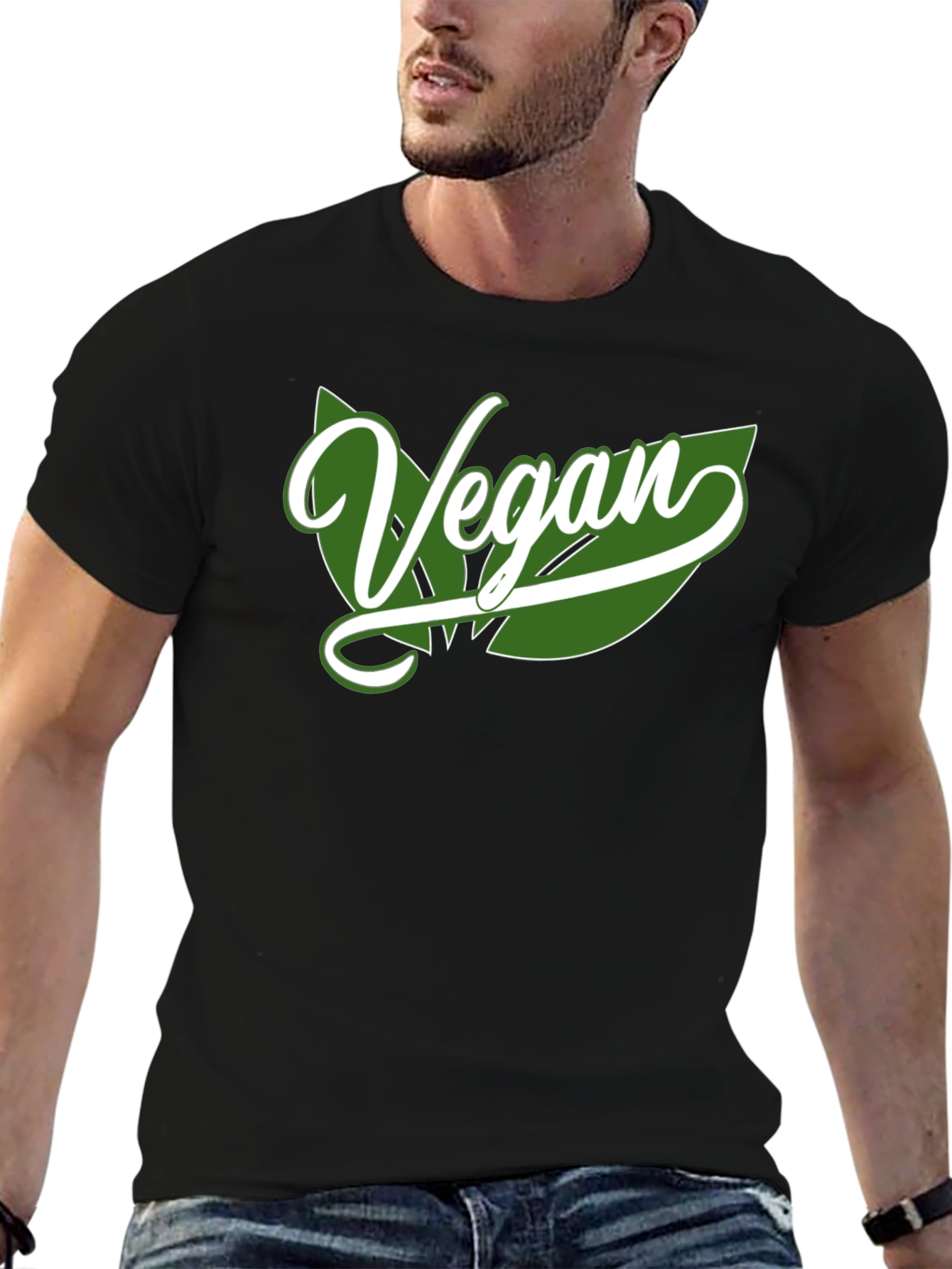 Vegan Leaf Graphic Tee - Black Cotton Blend Shirt