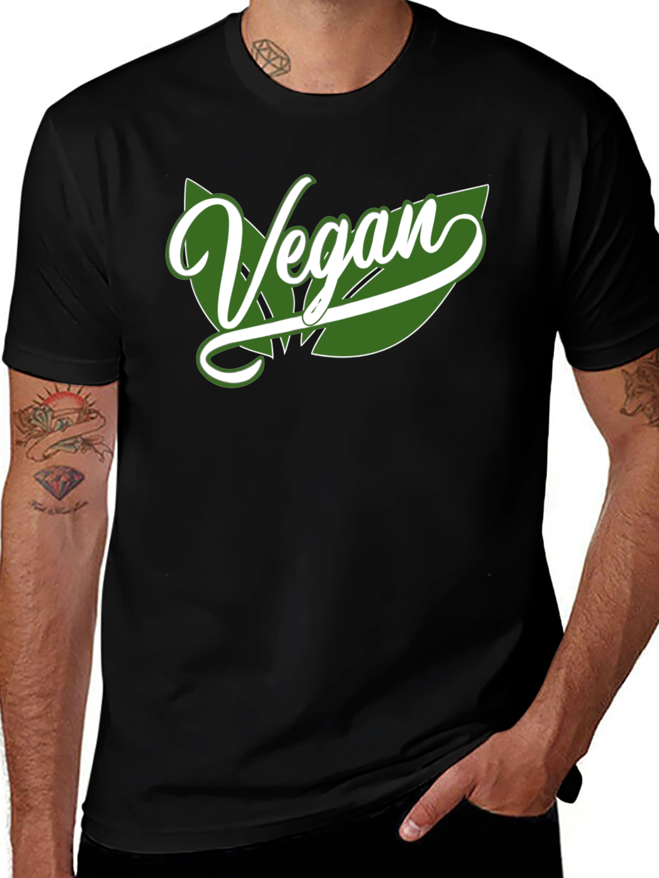 Vegan Leaf Graphic Tee - Black Cotton Blend Shirt