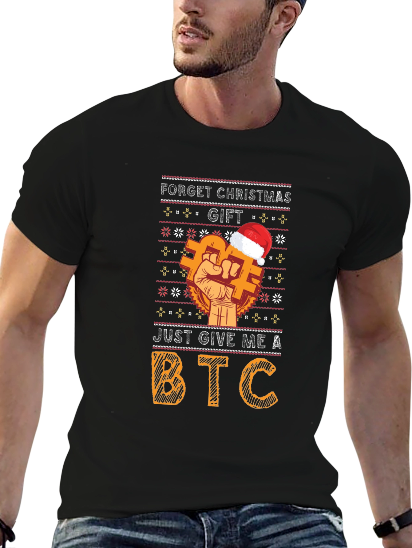 Bitcoin Ugly Christmas Sweater Style Graphic T-Shirt