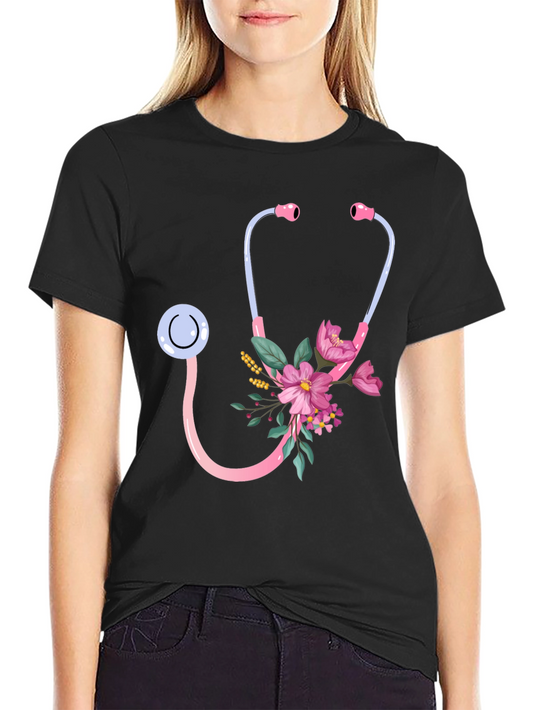 Floral Stethoscope Graphic Tee - Medical Professional Gift