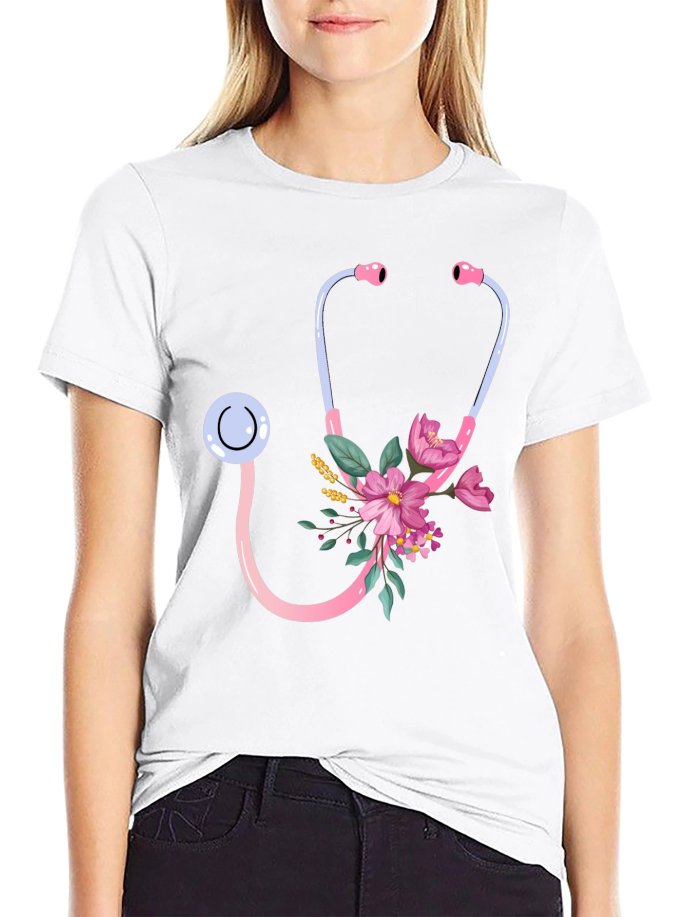 Floral Stethoscope Graphic Tee - Medical Professional Gift
