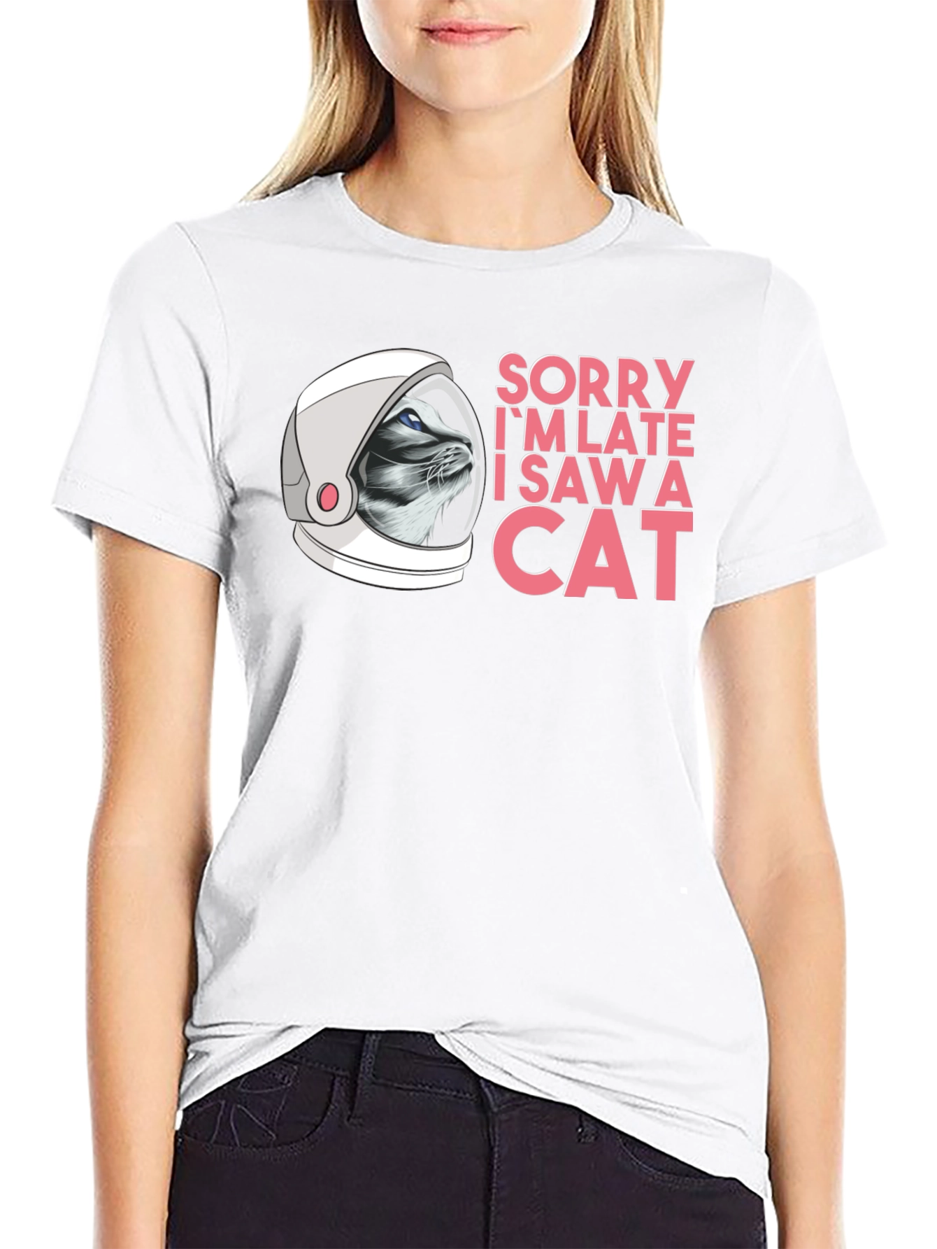 Sorry Im Late Cat Astronaut Black T-Shirt
