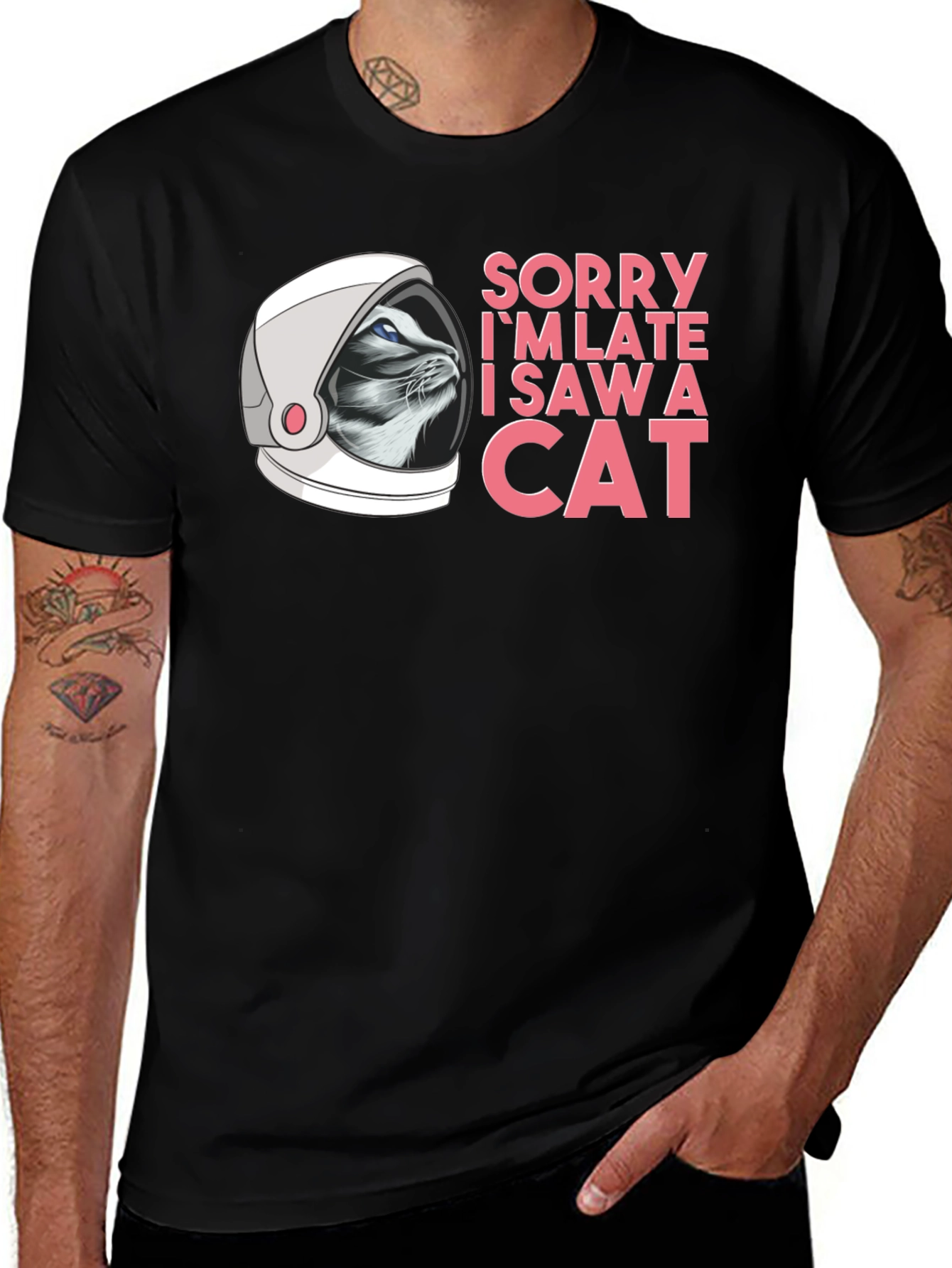 Sorry Im Late Cat Astronaut Black T-Shirt