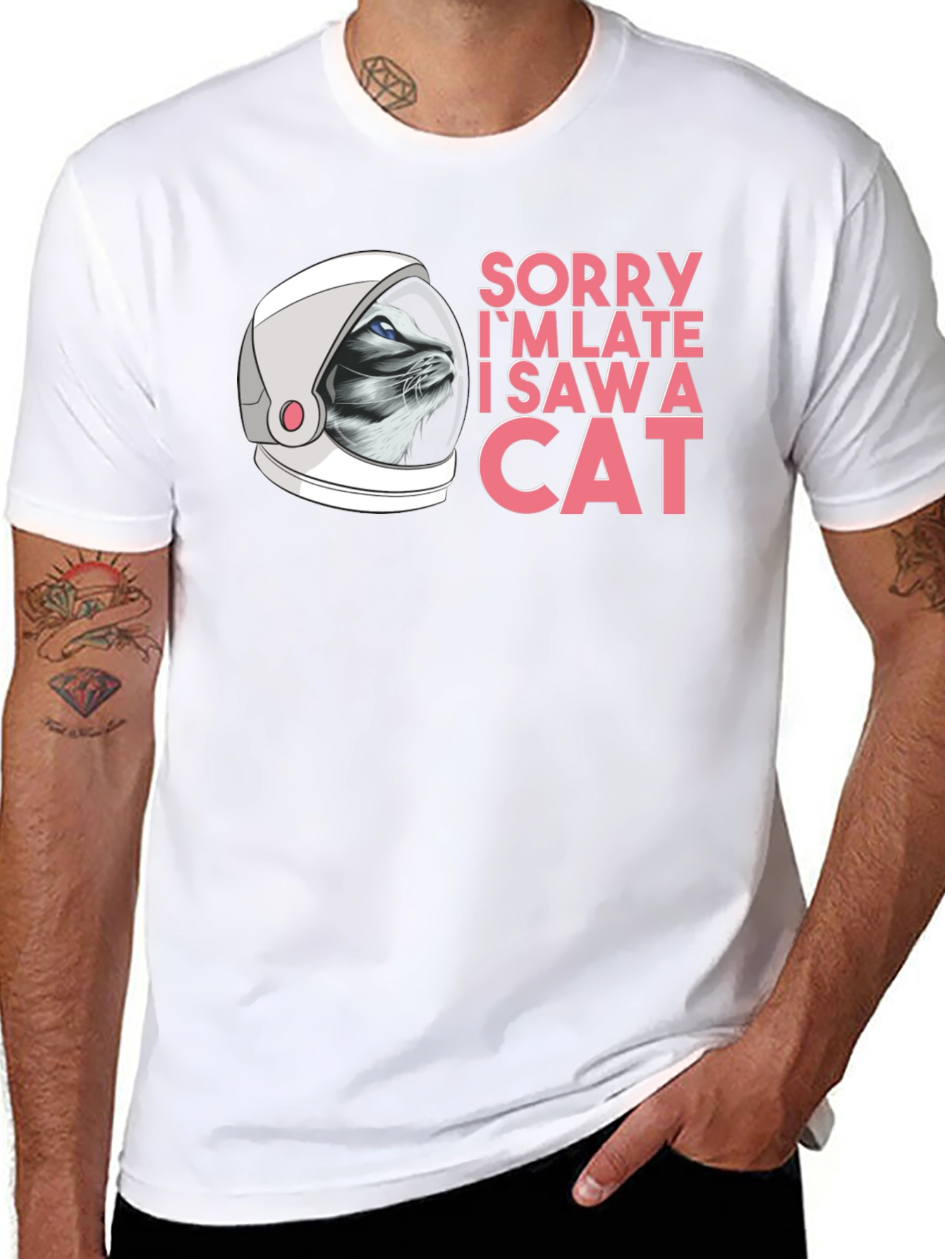 Sorry Im Late Cat Astronaut Black T-Shirt