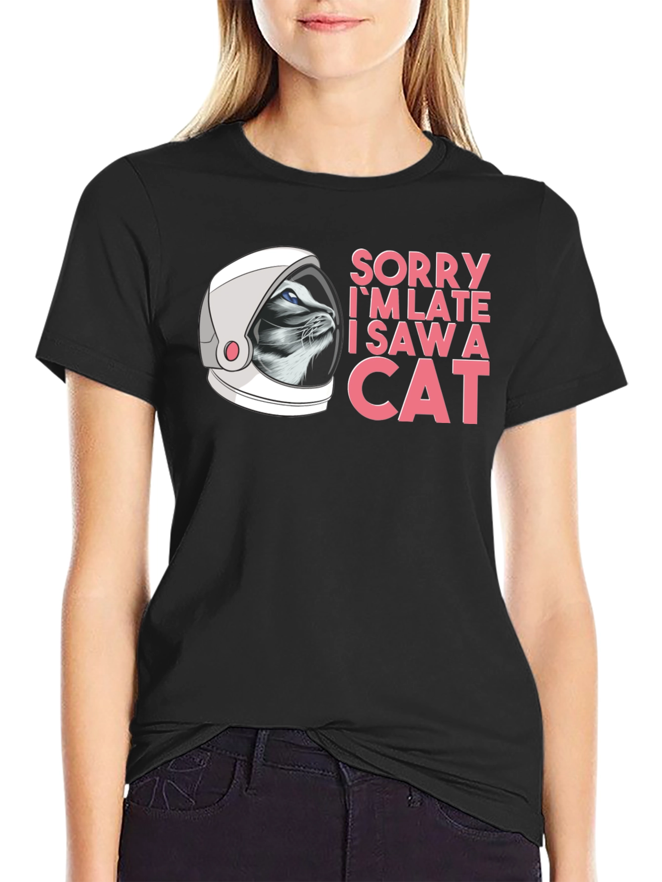 Sorry Im Late Cat Astronaut Black T-Shirt